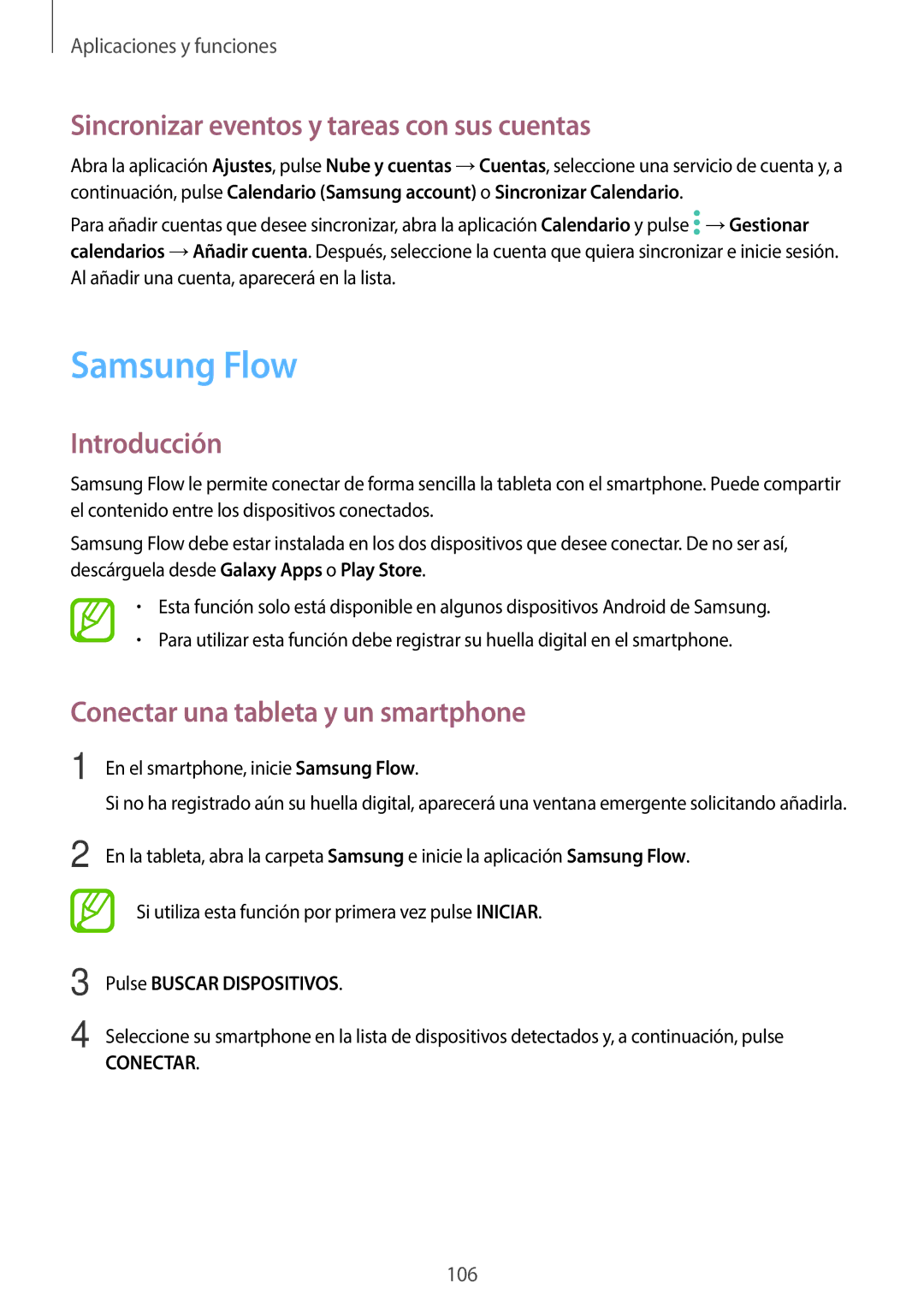 Samsung SM-T395NZKAPHE Samsung Flow, Sincronizar eventos y tareas con sus cuentas, Conectar una tableta y un smartphone 