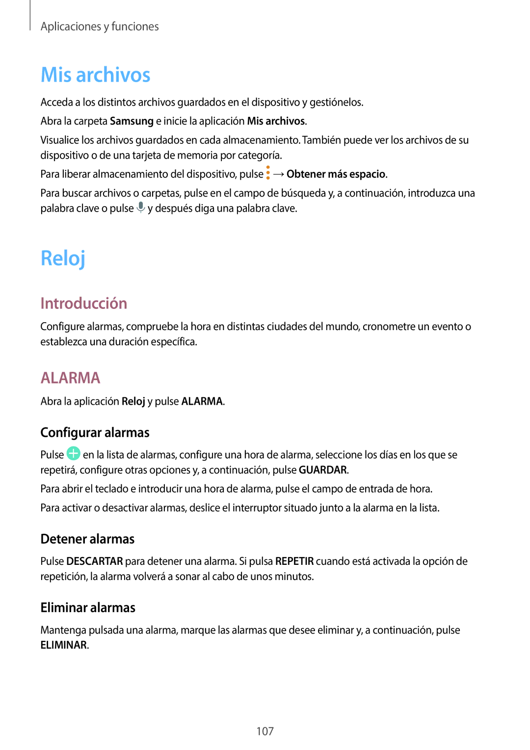 Samsung SM-T395NZKAPHE manual Mis archivos, Reloj, Configurar alarmas, Detener alarmas, Eliminar alarmas 