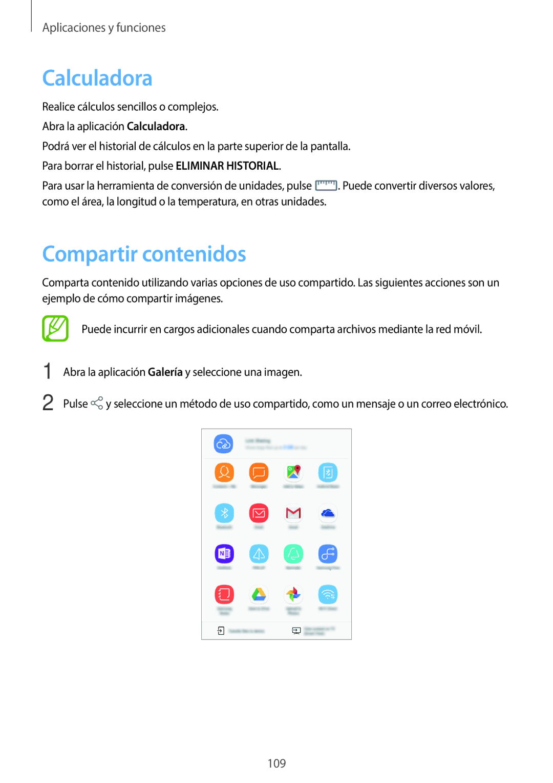 Samsung SM-T395NZKAPHE manual Calculadora, Compartir contenidos 