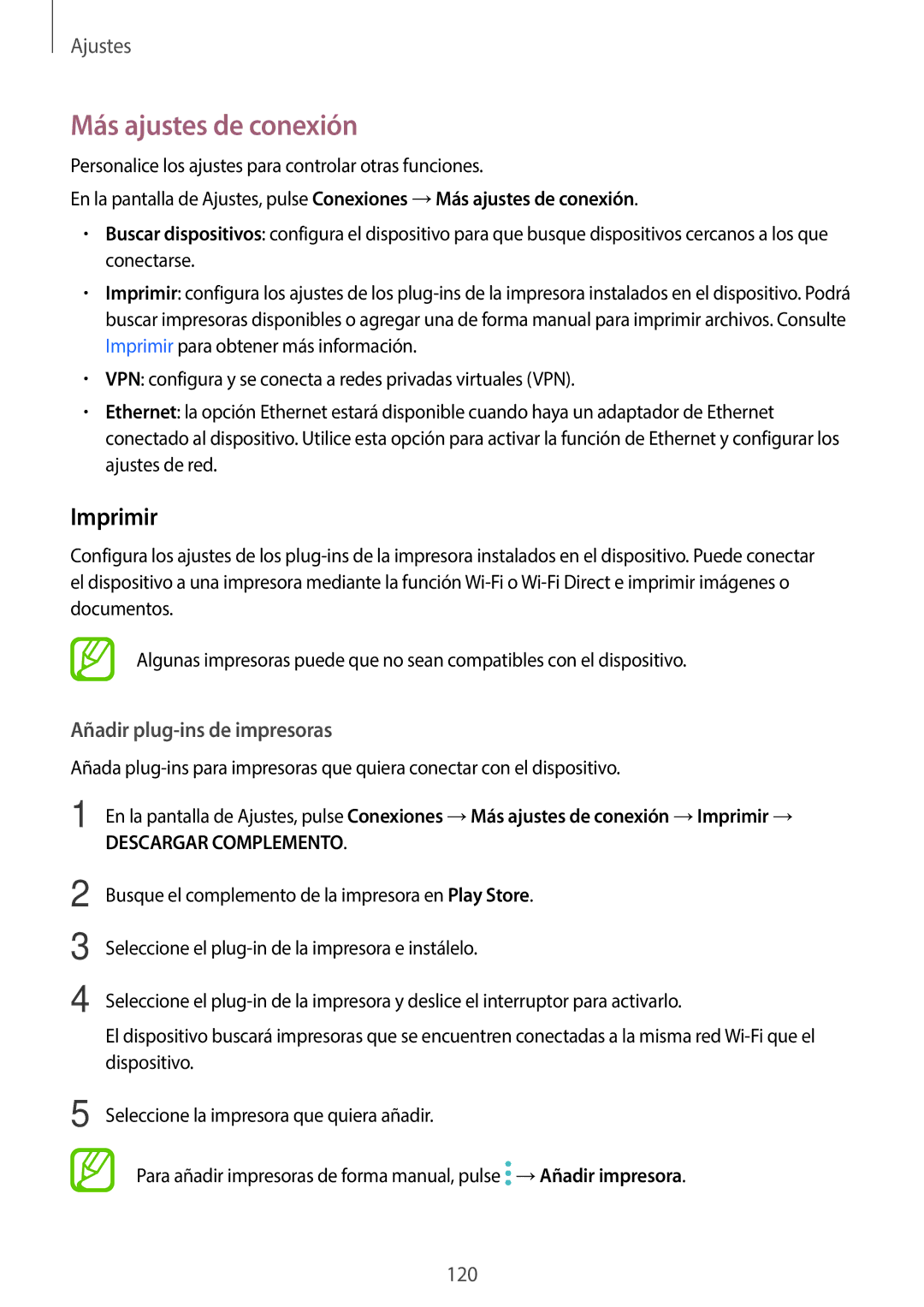 Samsung SM-T395NZKAPHE manual Más ajustes de conexión, Imprimir, Añadir plug-ins de impresoras 