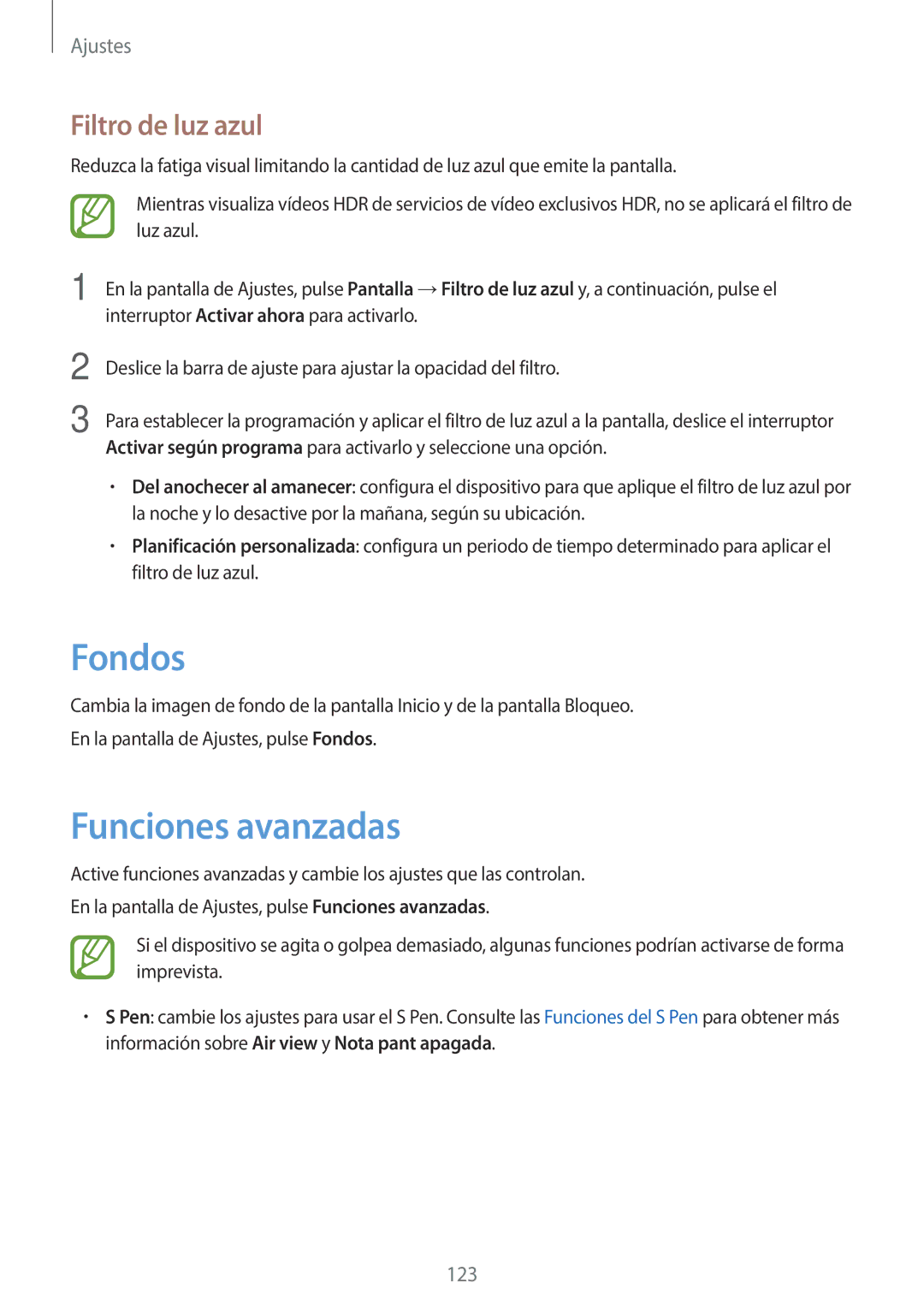 Samsung SM-T395NZKAPHE manual Fondos, Funciones avanzadas, Filtro de luz azul 