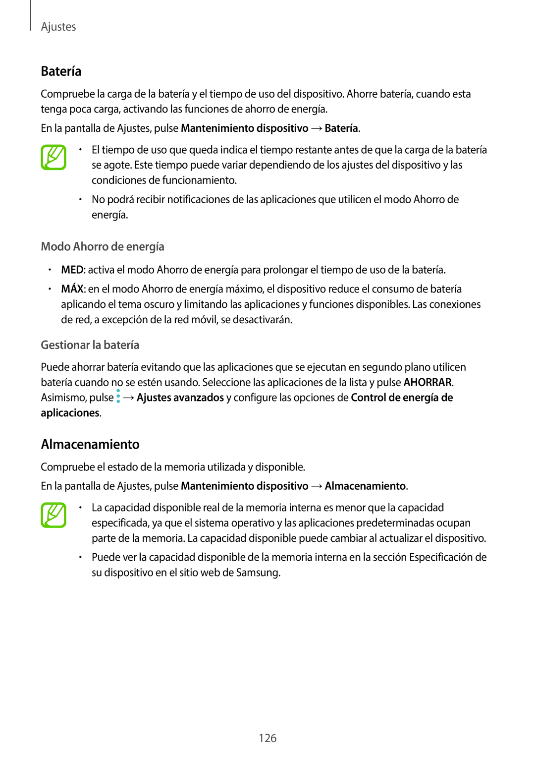 Samsung SM-T395NZKAPHE manual Batería, Almacenamiento, Modo Ahorro de energía, Gestionar la batería 