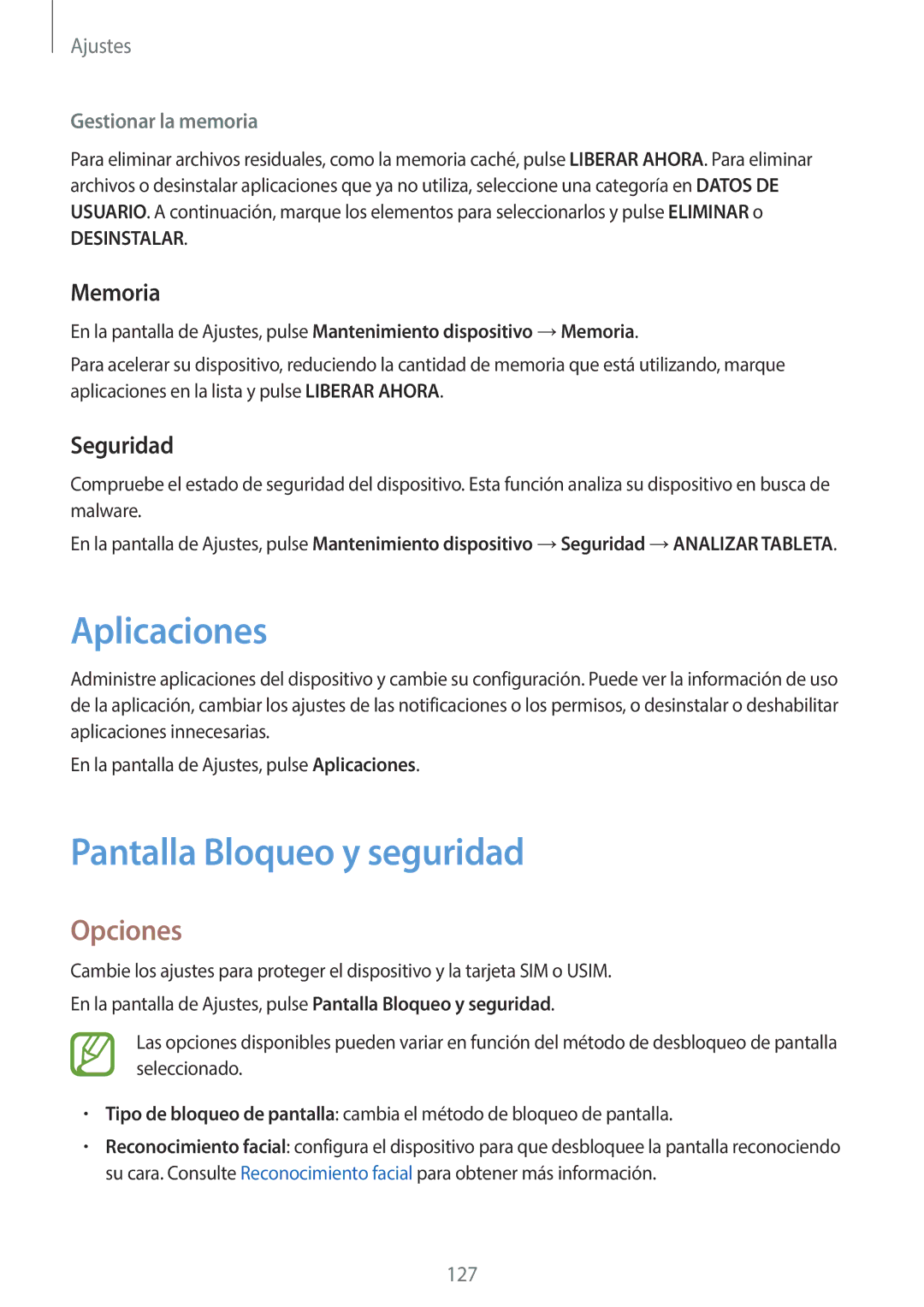 Samsung SM-T395NZKAPHE manual Aplicaciones, Pantalla Bloqueo y seguridad, Memoria, Seguridad, Gestionar la memoria 