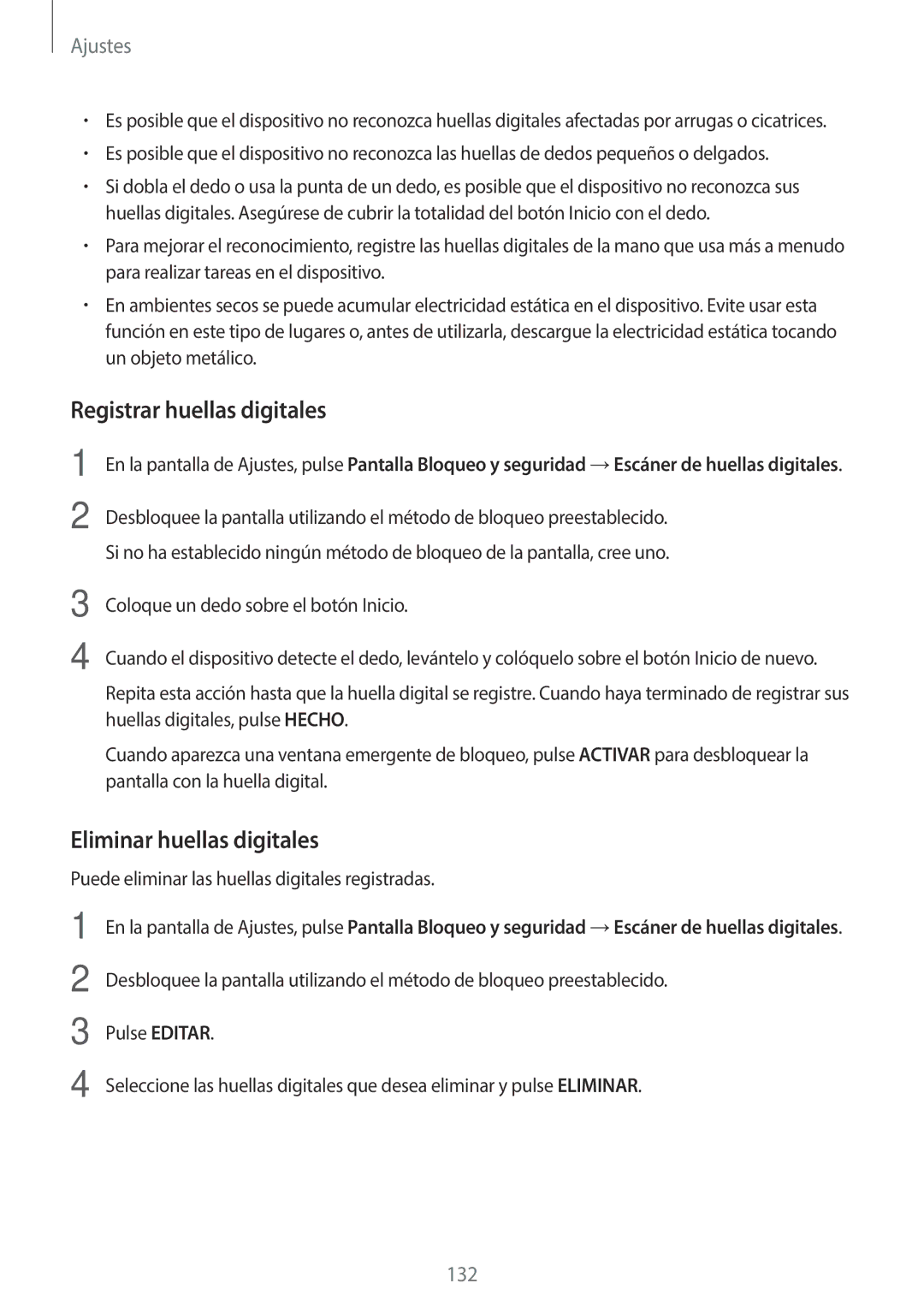 Samsung SM-T395NZKAPHE manual Registrar huellas digitales, Eliminar huellas digitales 