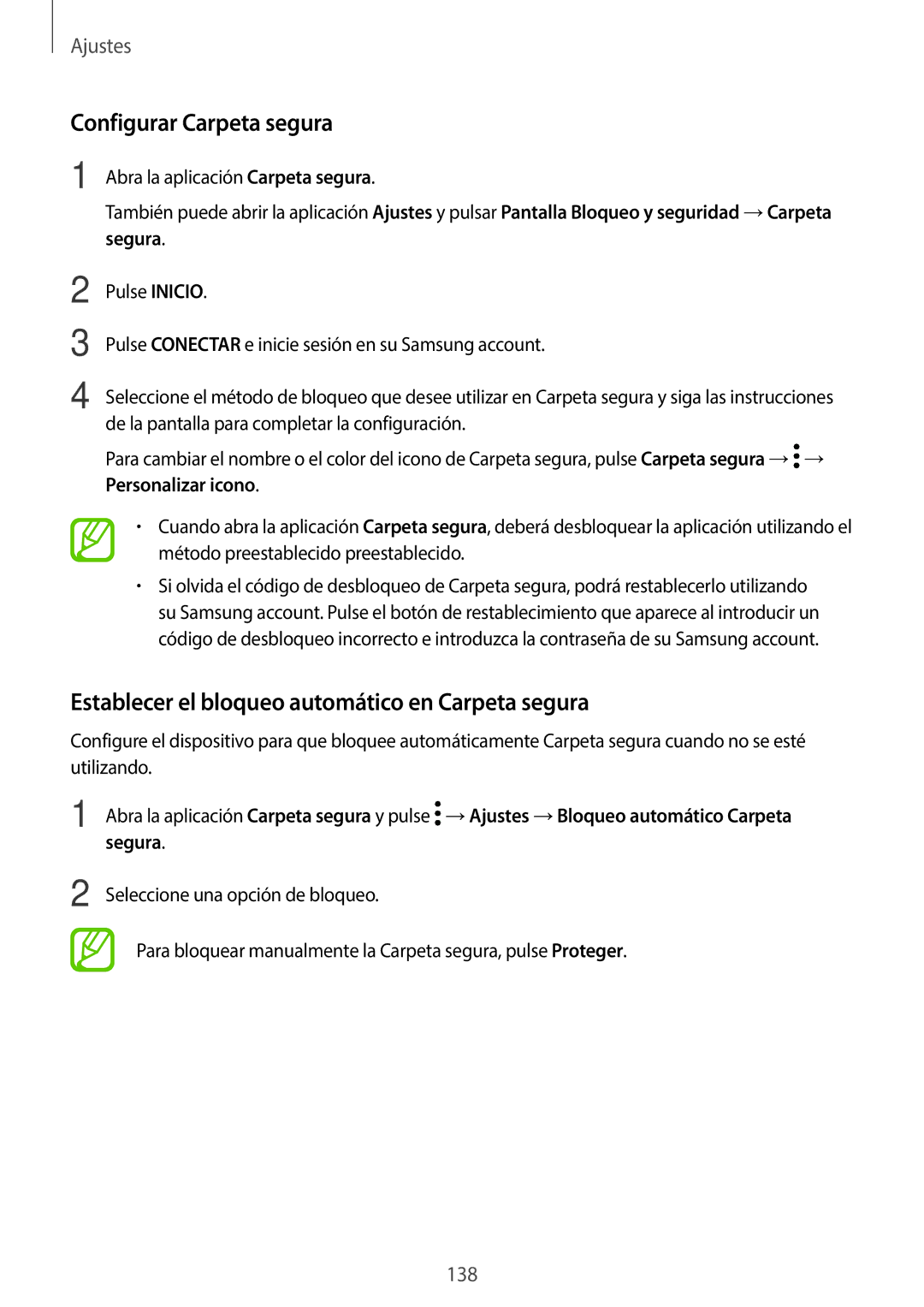 Samsung SM-T395NZKAPHE manual Configurar Carpeta segura, Establecer el bloqueo automático en Carpeta segura 