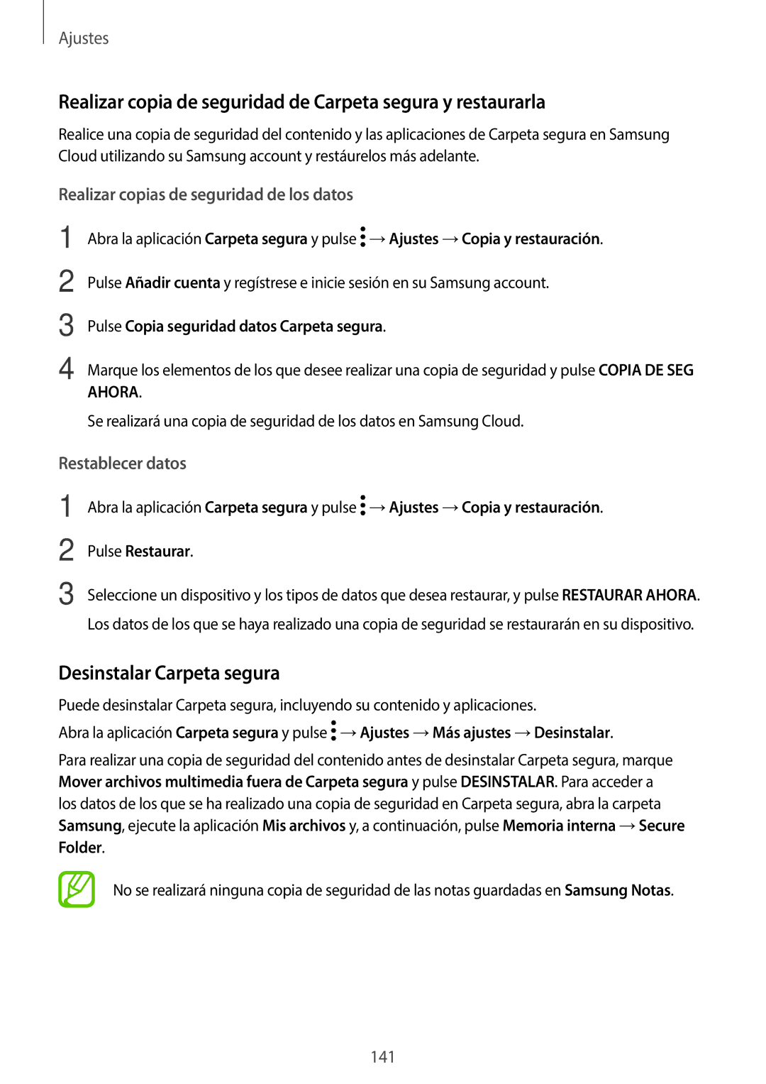 Samsung SM-T395NZKAPHE manual Realizar copia de seguridad de Carpeta segura y restaurarla, Desinstalar Carpeta segura 