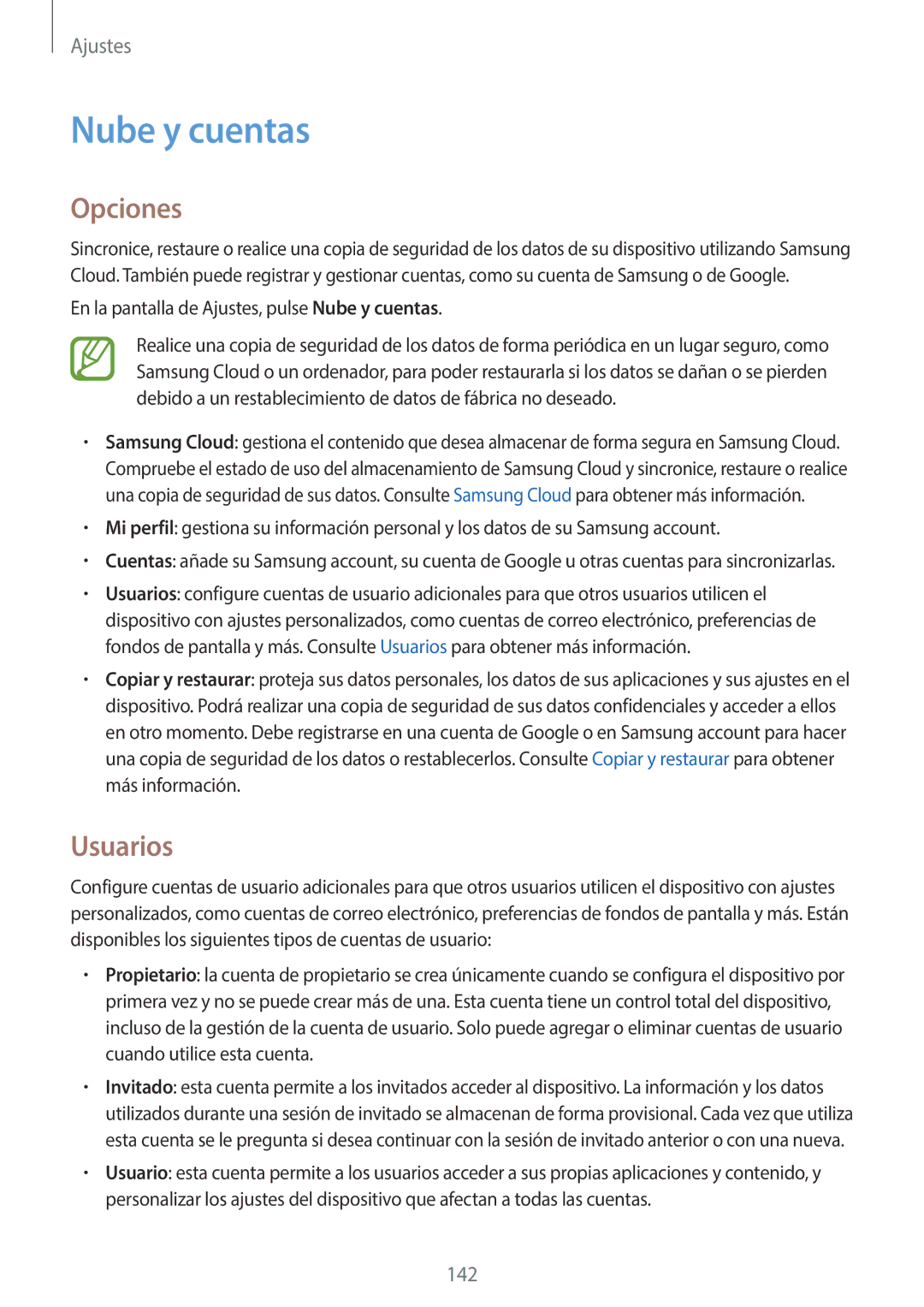 Samsung SM-T395NZKAPHE manual Usuarios, En la pantalla de Ajustes, pulse Nube y cuentas 