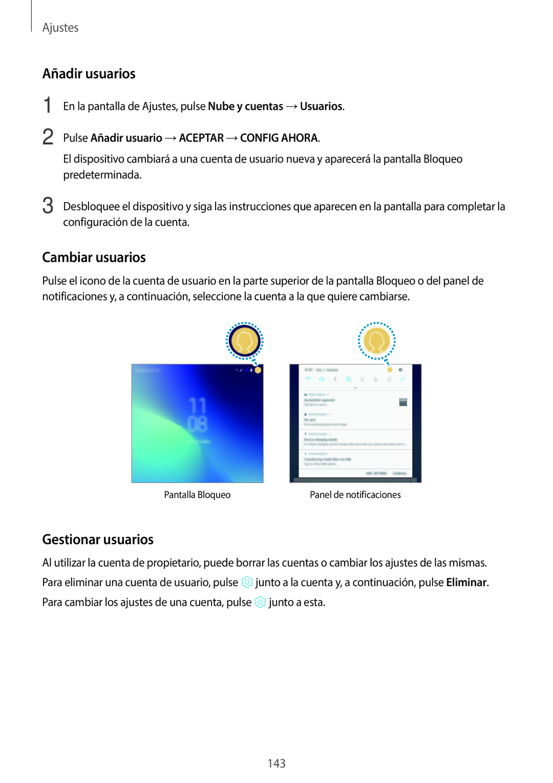 Samsung SM-T395NZKAPHE Añadir usuarios, Cambiar usuarios, Gestionar usuarios, Pulse Añadir usuario →ACEPTAR →CONFIG Ahora 