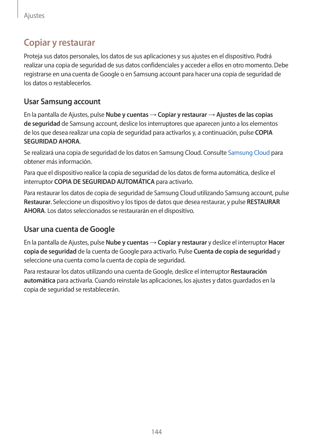 Samsung SM-T395NZKAPHE manual Copiar y restaurar, Usar Samsung account, Usar una cuenta de Google 
