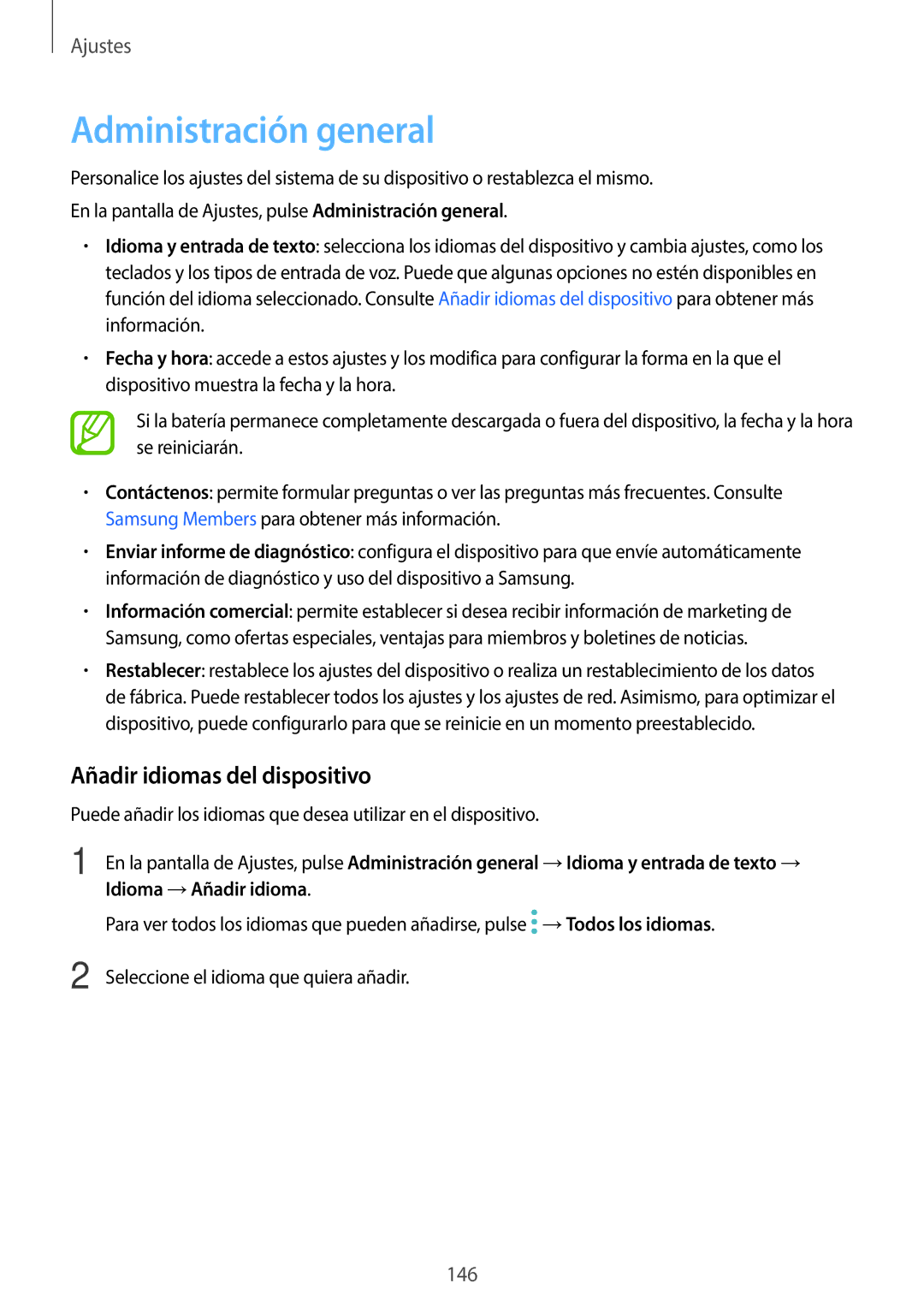 Samsung SM-T395NZKAPHE manual Administración general, Añadir idiomas del dispositivo 