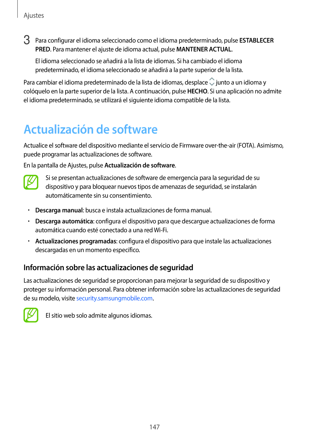 Samsung SM-T395NZKAPHE manual Actualización de software, Información sobre las actualizaciones de seguridad 