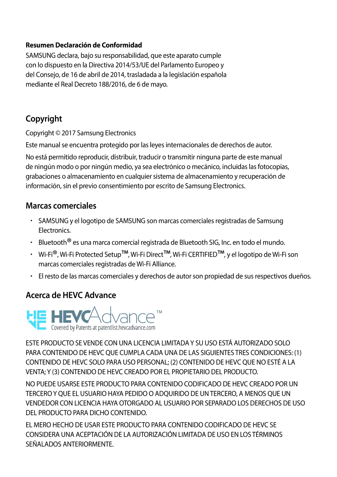 Samsung SM-T395NZKAPHE manual Copyright, Marcas comerciales, Acerca de Hevc Advance, Resumen Declaración de Conformidad 