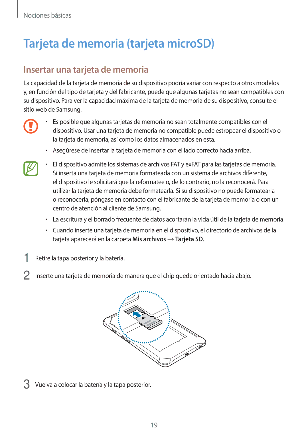 Samsung SM-T395NZKAPHE manual Tarjeta de memoria tarjeta microSD, Insertar una tarjeta de memoria 