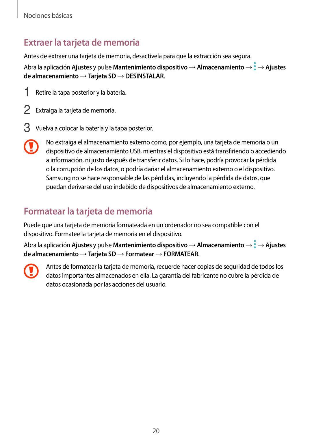 Samsung SM-T395NZKAPHE manual Extraer la tarjeta de memoria, Formatear la tarjeta de memoria 