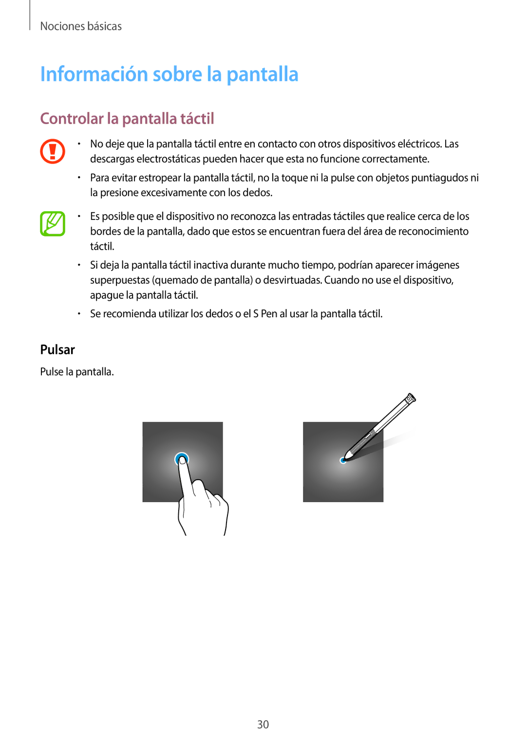 Samsung SM-T395NZKAPHE manual Información sobre la pantalla, Controlar la pantalla táctil, Pulsar, Pulse la pantalla 