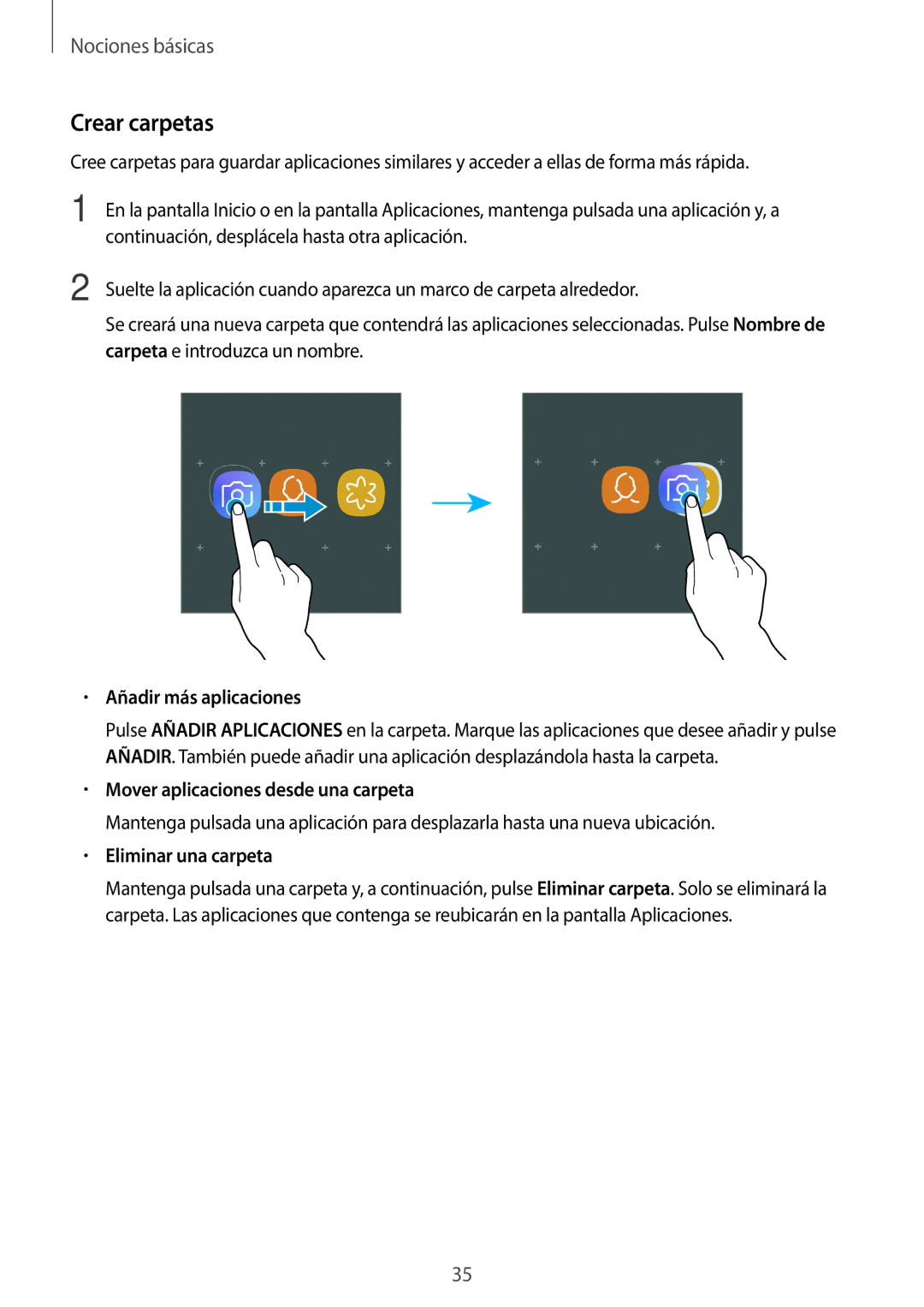 Samsung SM-T395NZKAPHE Crear carpetas, Añadir más aplicaciones, Mover aplicaciones desde una carpeta, Eliminar una carpeta 