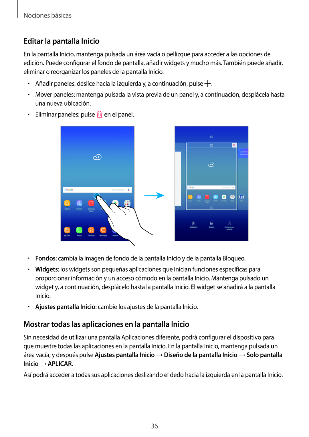 Samsung SM-T395NZKAPHE manual Editar la pantalla Inicio, Mostrar todas las aplicaciones en la pantalla Inicio 