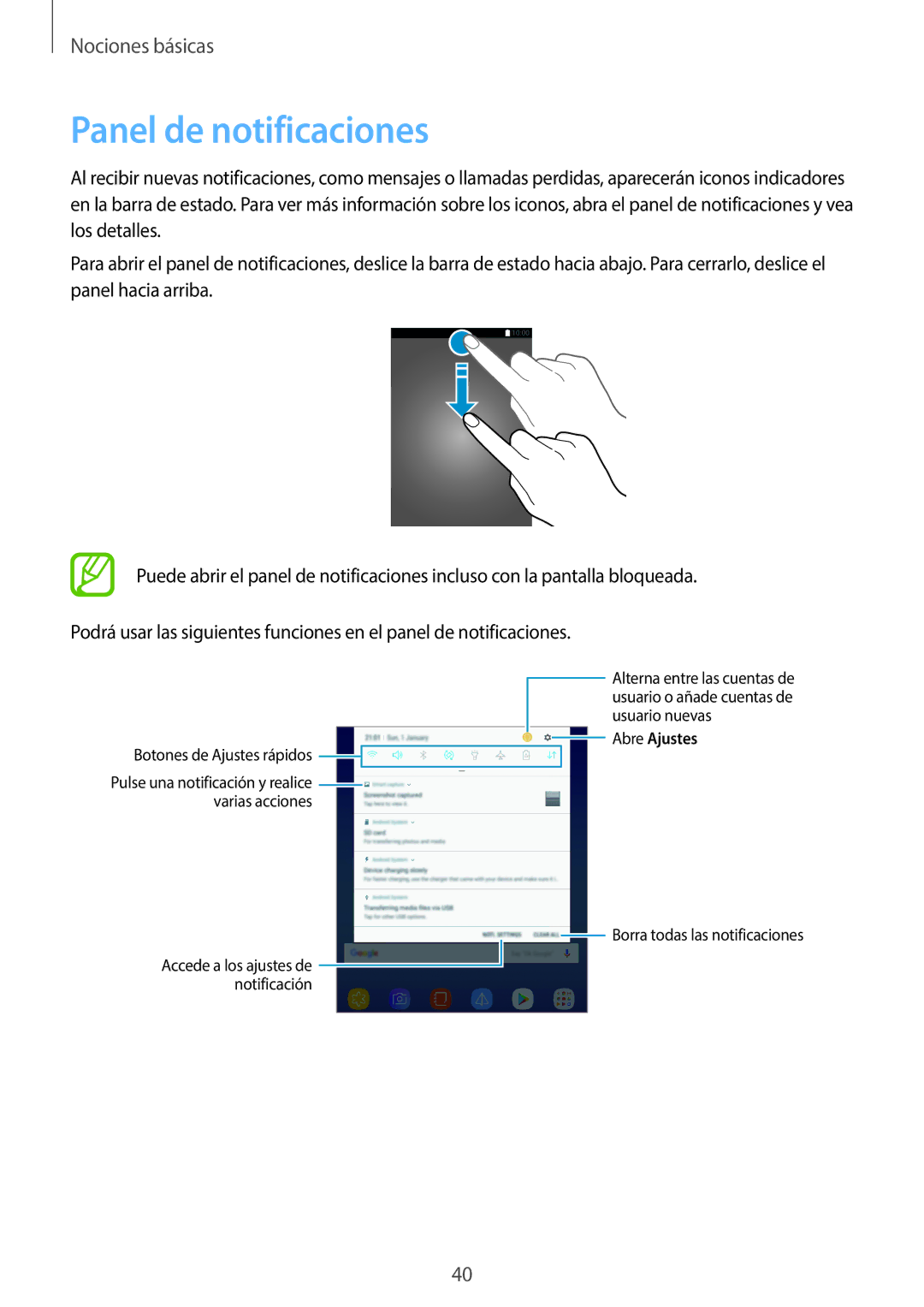 Samsung SM-T395NZKAPHE manual Panel de notificaciones, Botones de Ajustes rápidos 