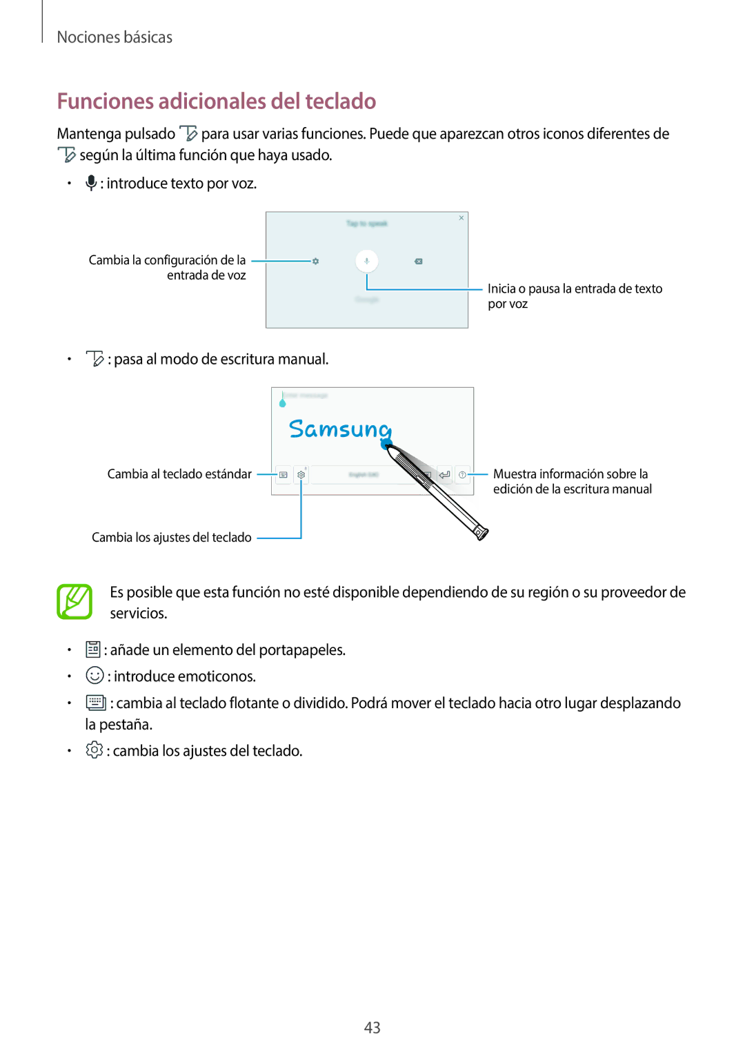 Samsung SM-T395NZKAPHE Funciones adicionales del teclado, Pasa al modo de escritura manual 