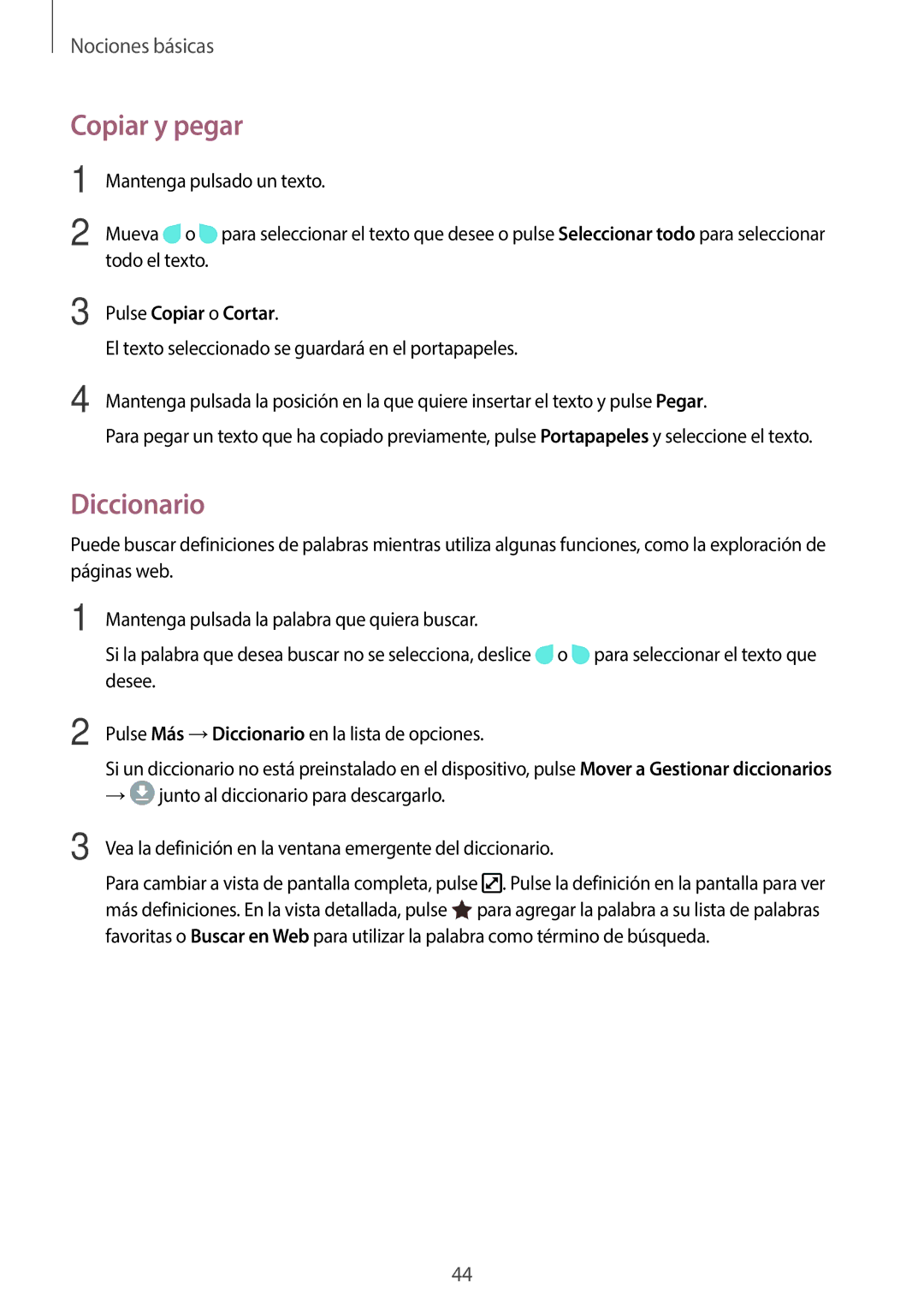 Samsung SM-T395NZKAPHE manual Copiar y pegar, Diccionario, Pulse Copiar o Cortar 