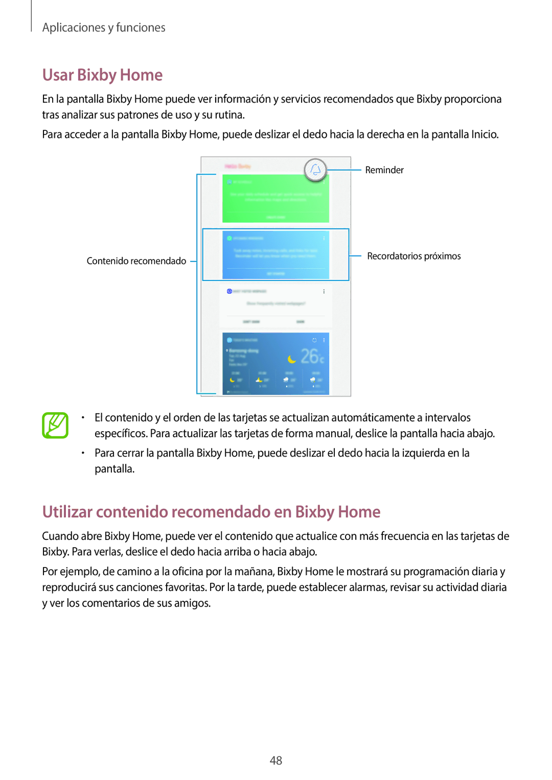 Samsung SM-T395NZKAPHE manual Usar Bixby Home, Utilizar contenido recomendado en Bixby Home 