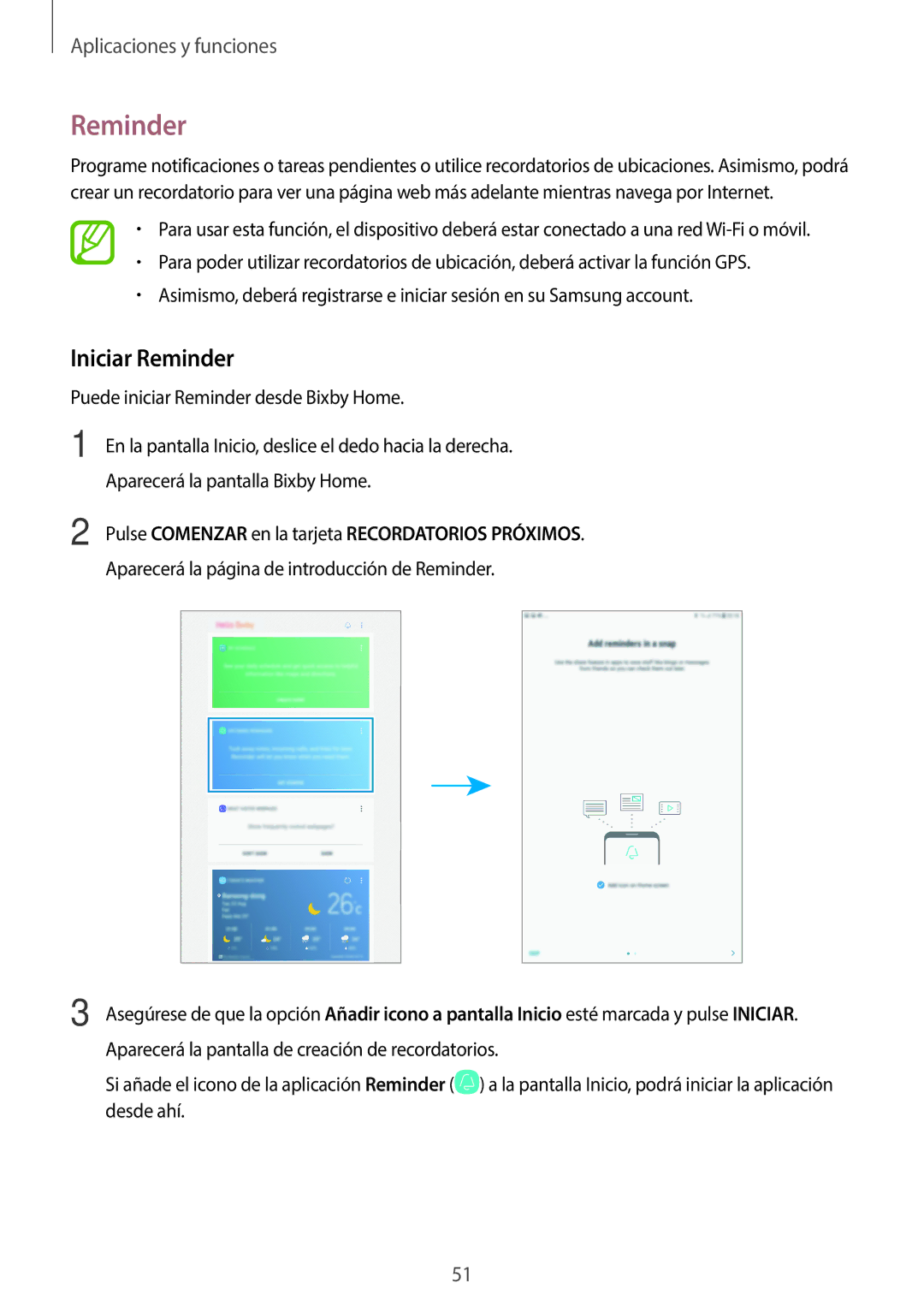 Samsung SM-T395NZKAPHE manual Iniciar Reminder, Pulse Comenzar en la tarjeta Recordatorios Próximos 