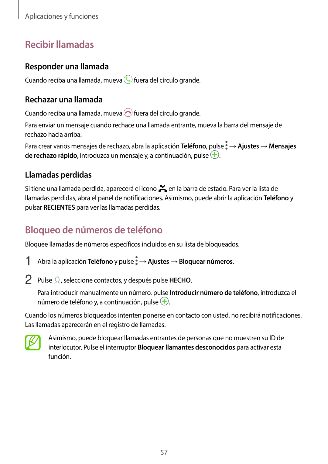 Samsung SM-T395NZKAPHE manual Recibir llamadas, Bloqueo de números de teléfono, Responder una llamada, Rechazar una llamada 