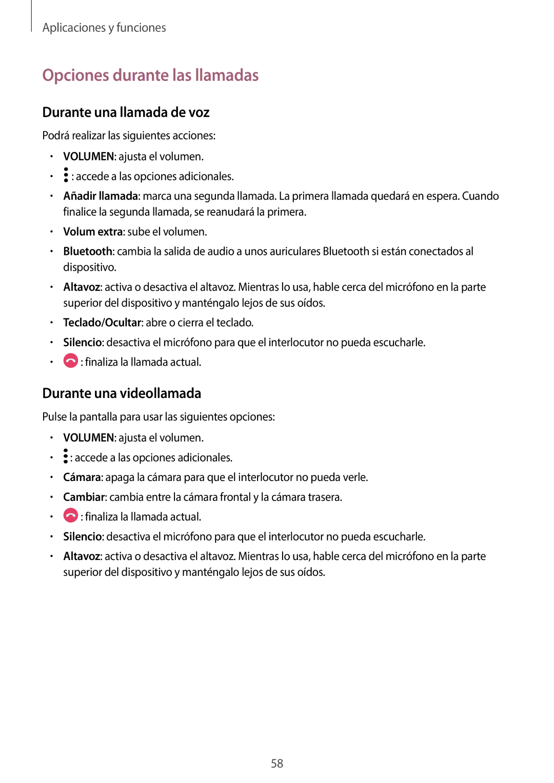 Samsung SM-T395NZKAPHE manual Opciones durante las llamadas, Durante una llamada de voz, Durante una videollamada 