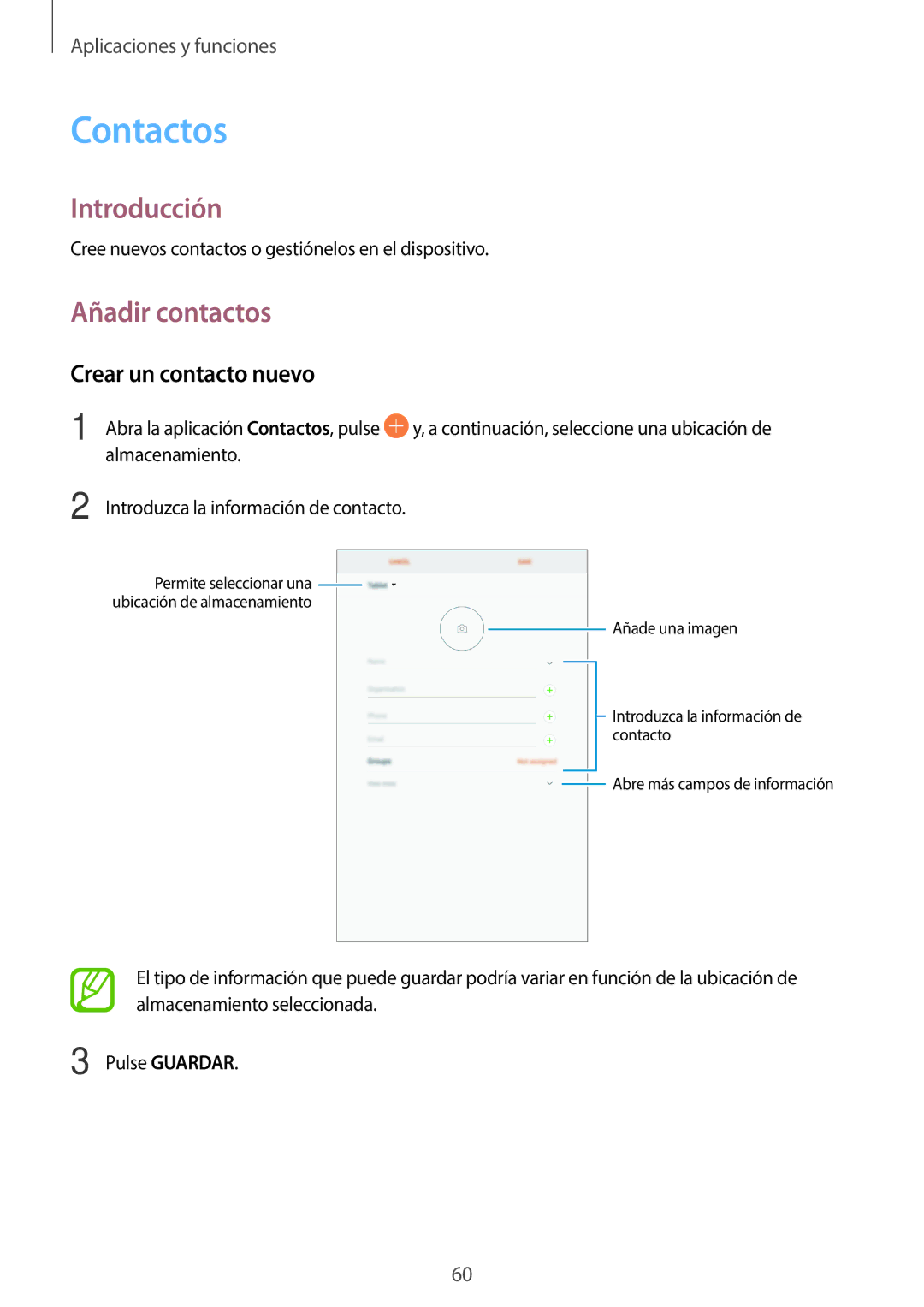 Samsung SM-T395NZKAPHE manual Contactos, Añadir contactos, Crear un contacto nuevo, Almacenamiento 