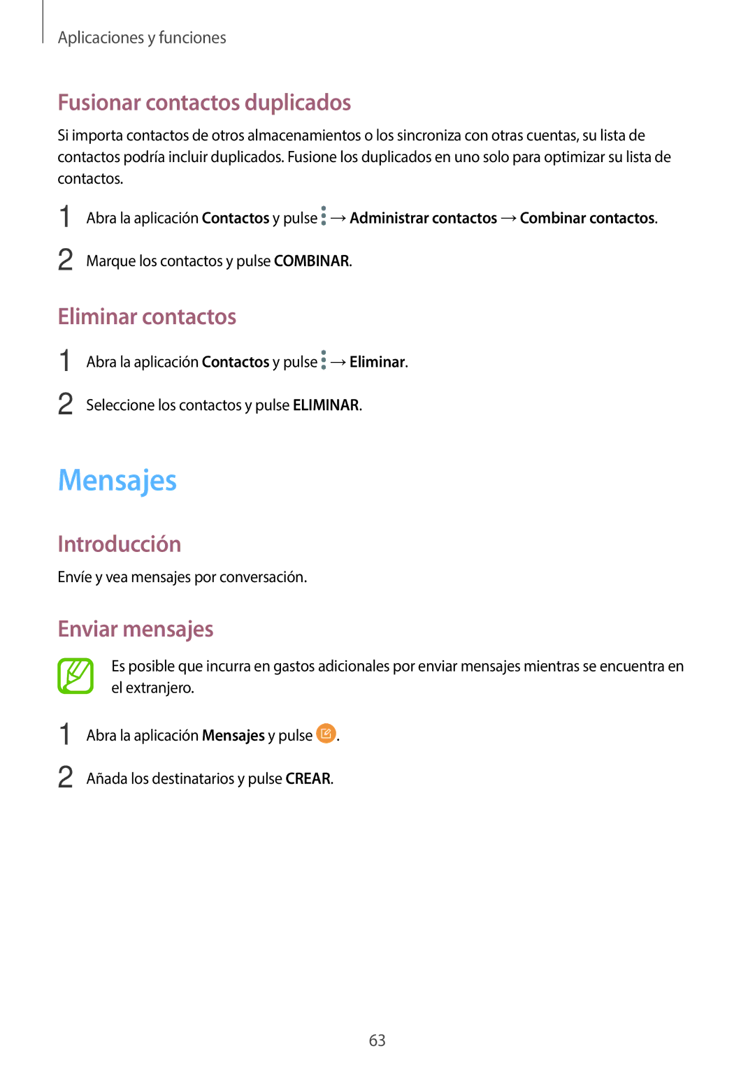 Samsung SM-T395NZKAPHE manual Mensajes, Fusionar contactos duplicados, Eliminar contactos, Enviar mensajes 