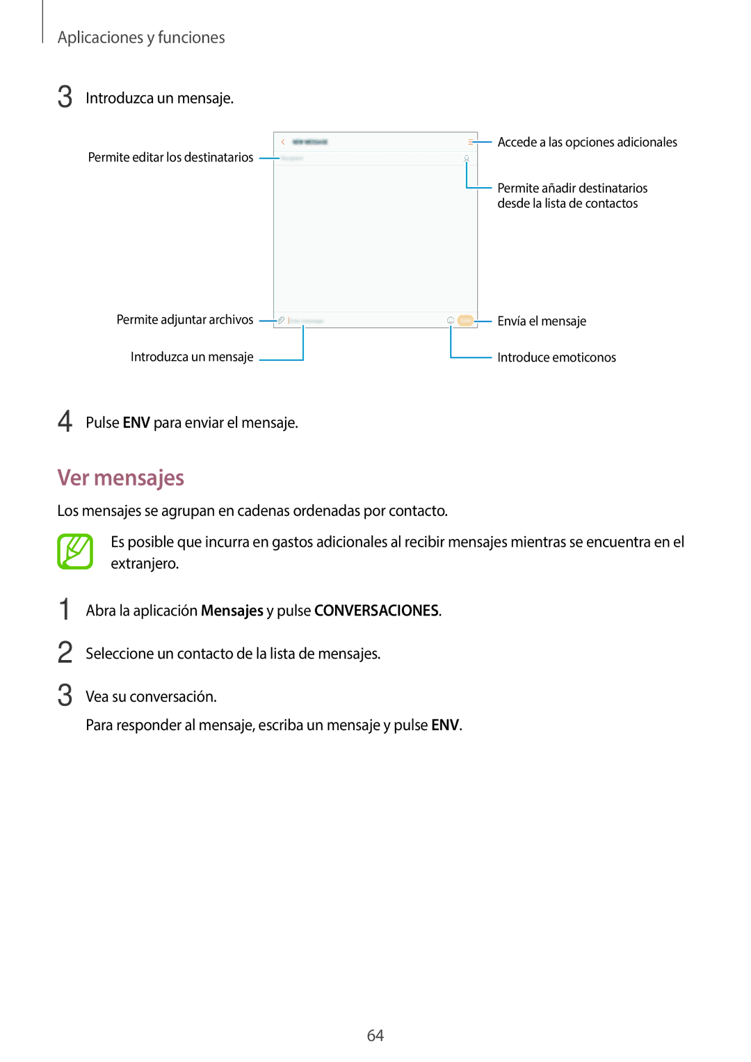 Samsung SM-T395NZKAPHE manual Ver mensajes, Introduzca un mensaje, Pulse ENV para enviar el mensaje 