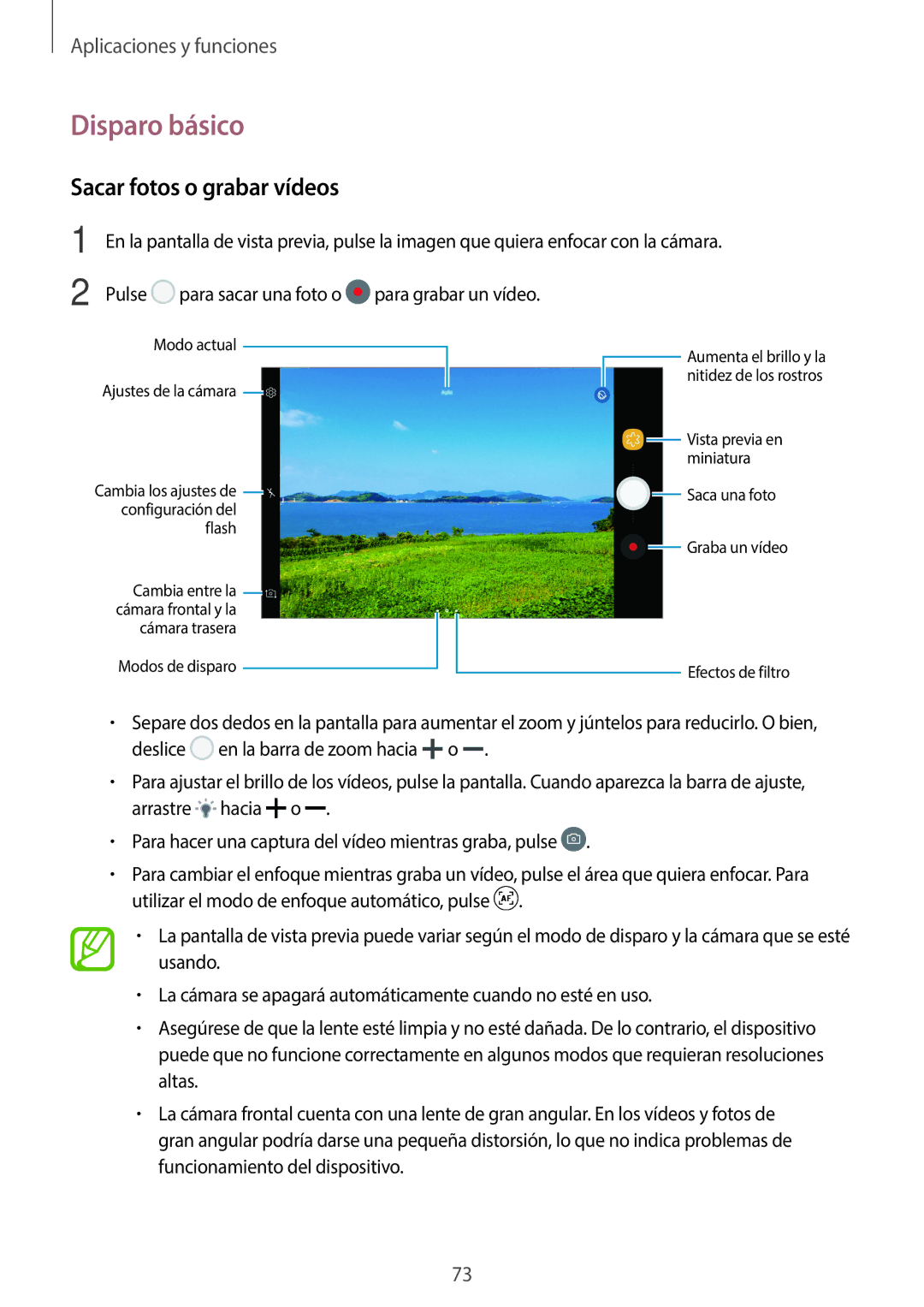 Samsung SM-T395NZKAPHE manual Disparo básico, Sacar fotos o grabar vídeos 