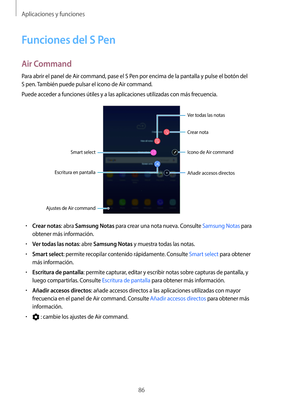 Samsung SM-T395NZKAPHE manual Funciones del S Pen, Air Command 