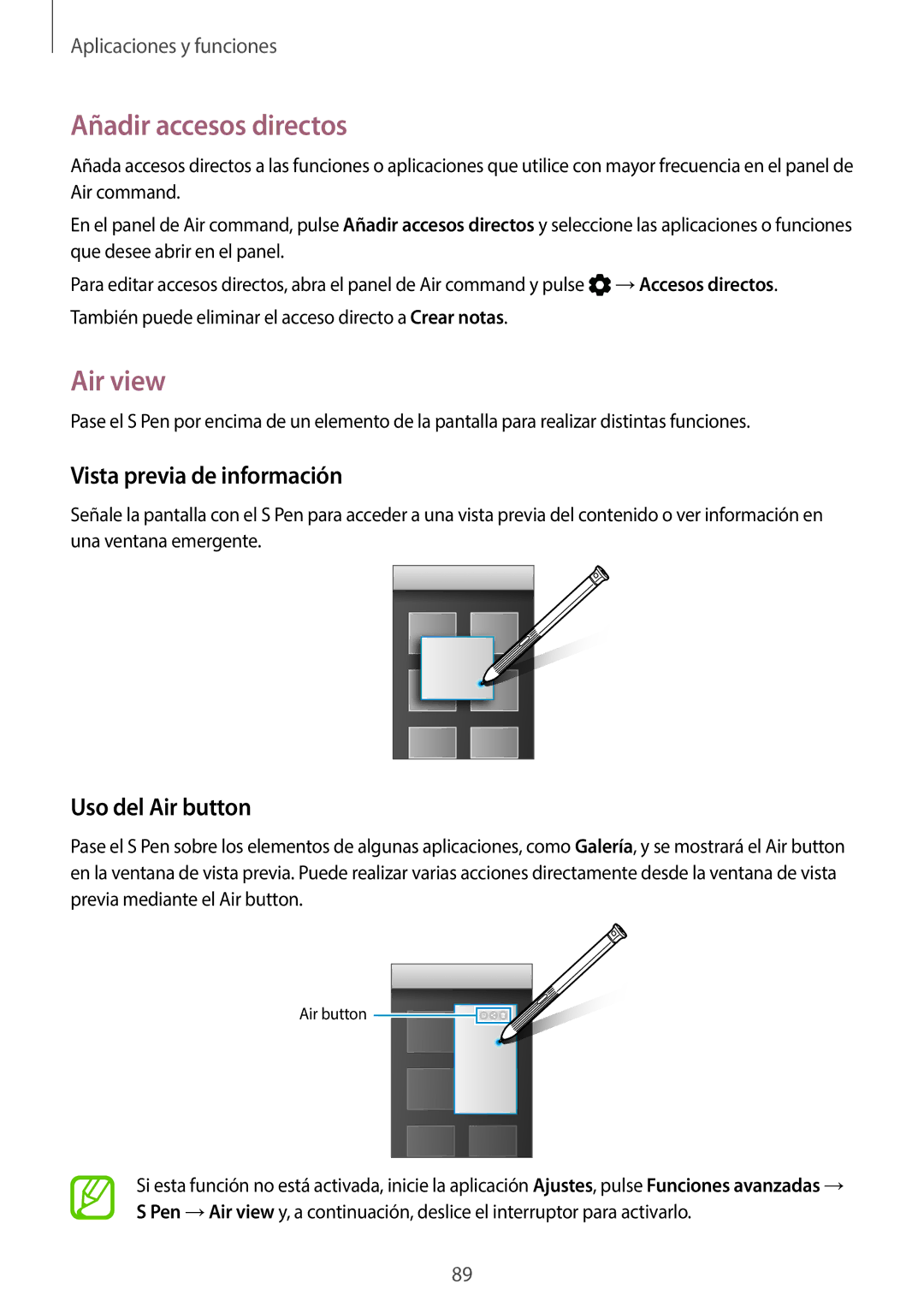 Samsung SM-T395NZKAPHE manual Añadir accesos directos, Air view, Vista previa de información, Uso del Air button 