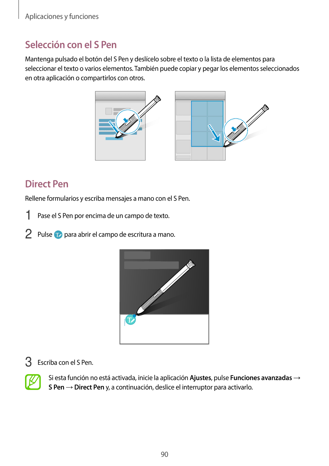 Samsung SM-T395NZKAPHE manual Selección con el S Pen, Direct Pen 
