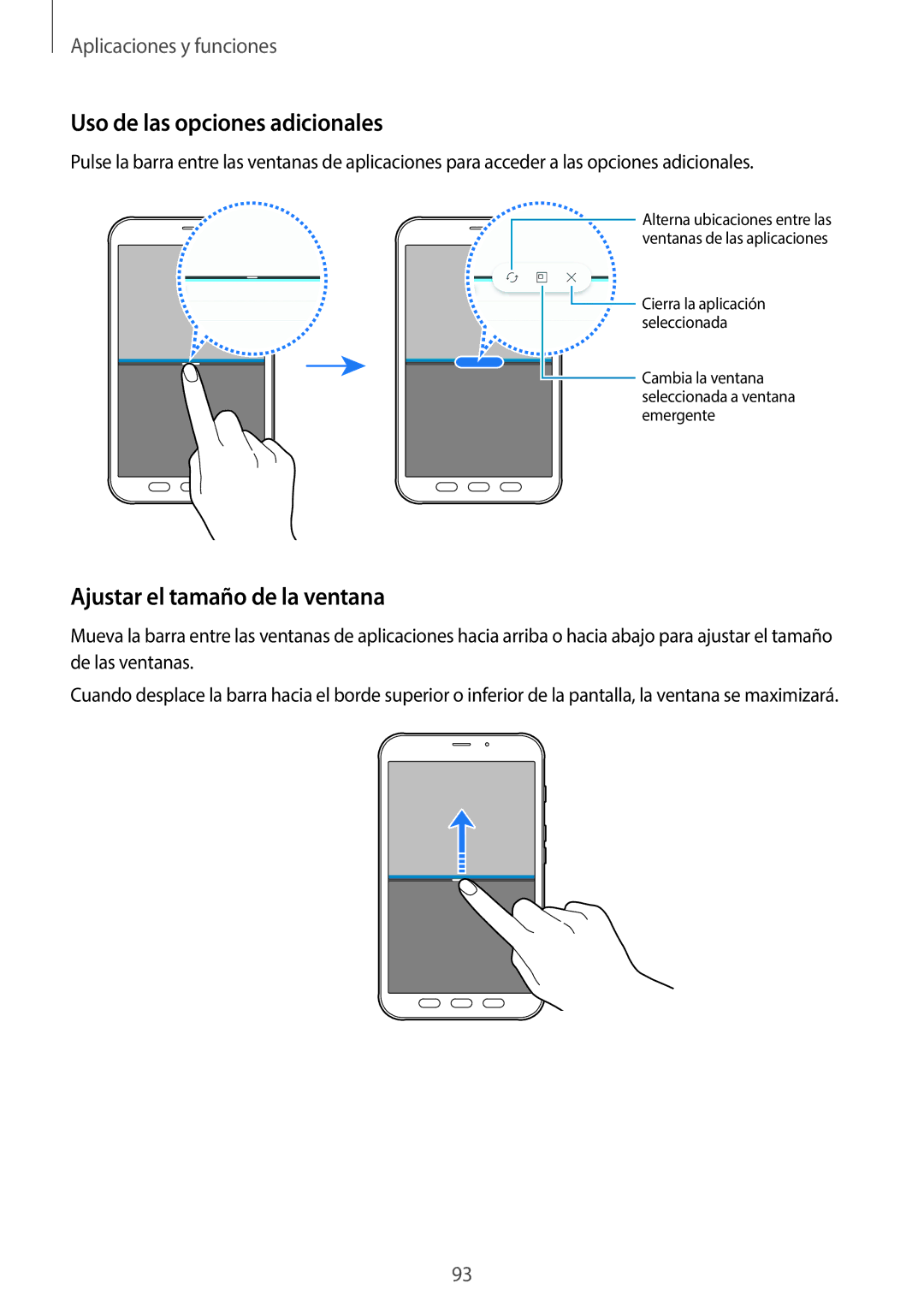 Samsung SM-T395NZKAPHE manual Uso de las opciones adicionales, Ajustar el tamaño de la ventana 