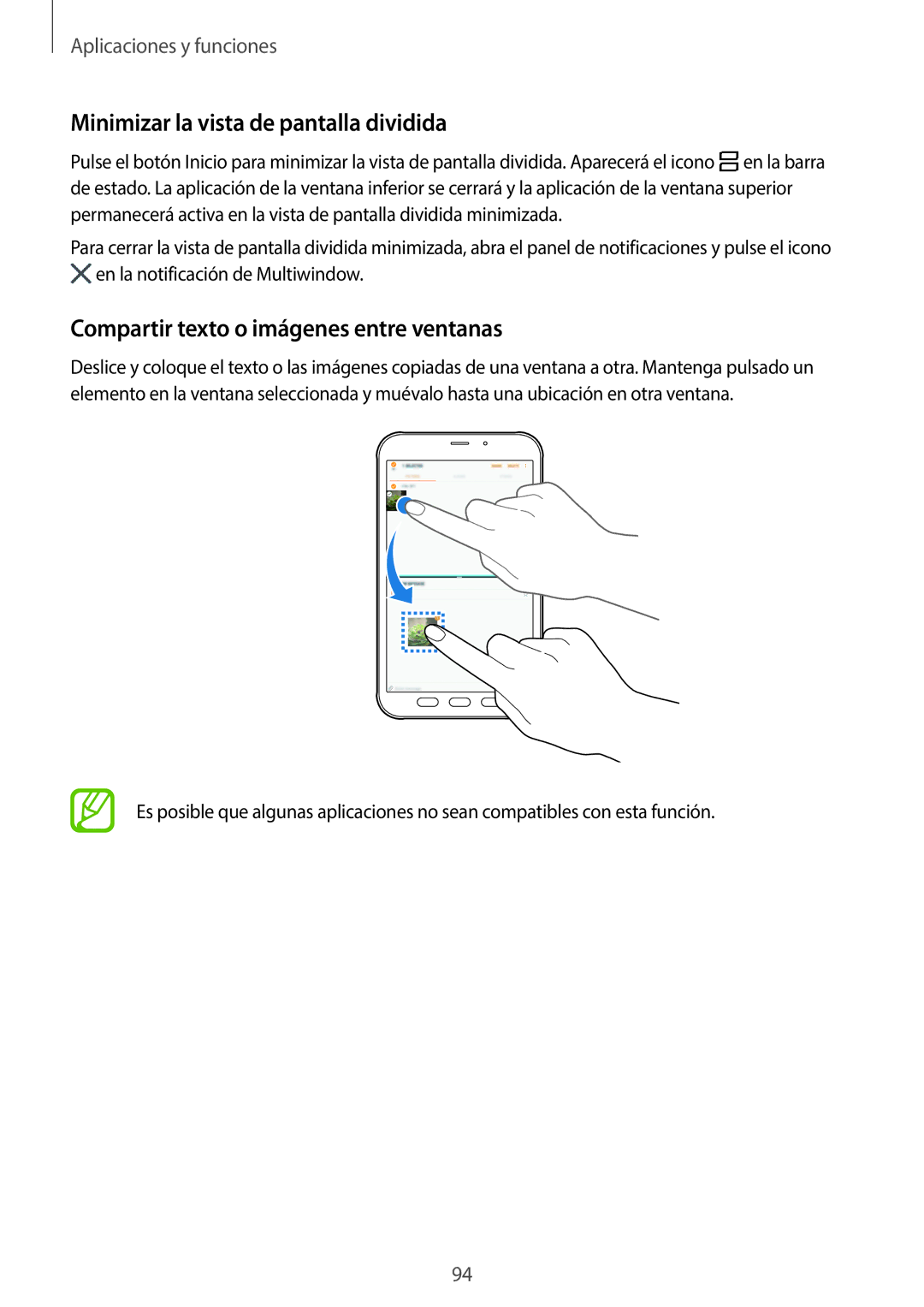 Samsung SM-T395NZKAPHE manual Minimizar la vista de pantalla dividida, Compartir texto o imágenes entre ventanas 