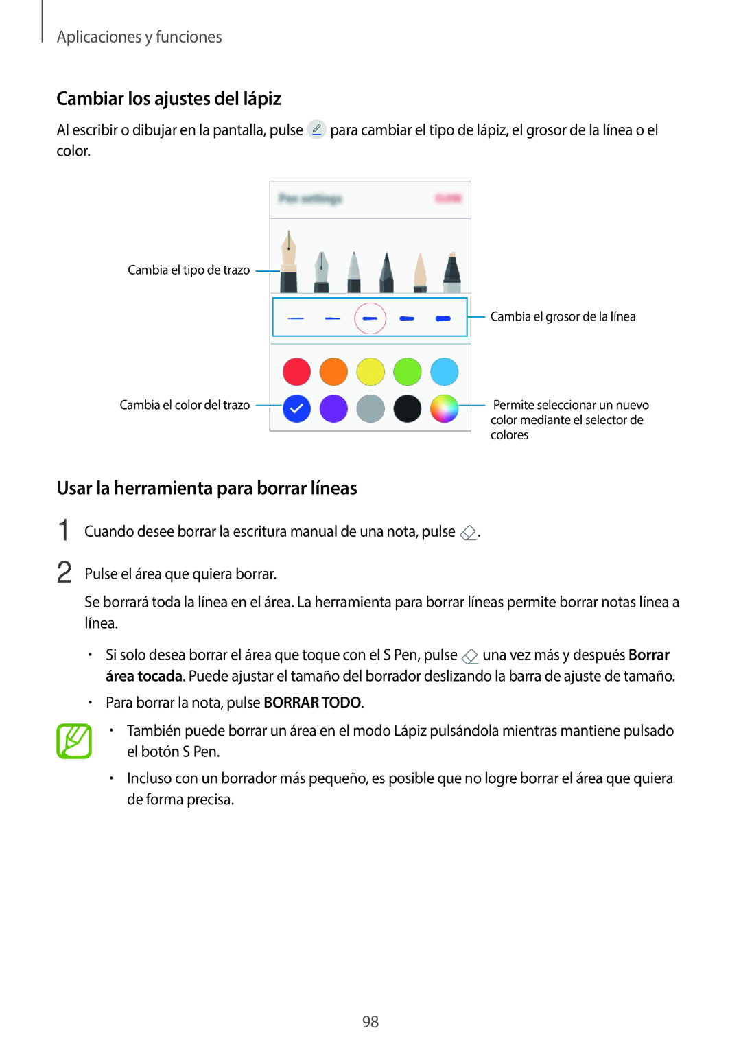 Samsung SM-T395NZKAPHE manual Cambiar los ajustes del lápiz, Usar la herramienta para borrar líneas 