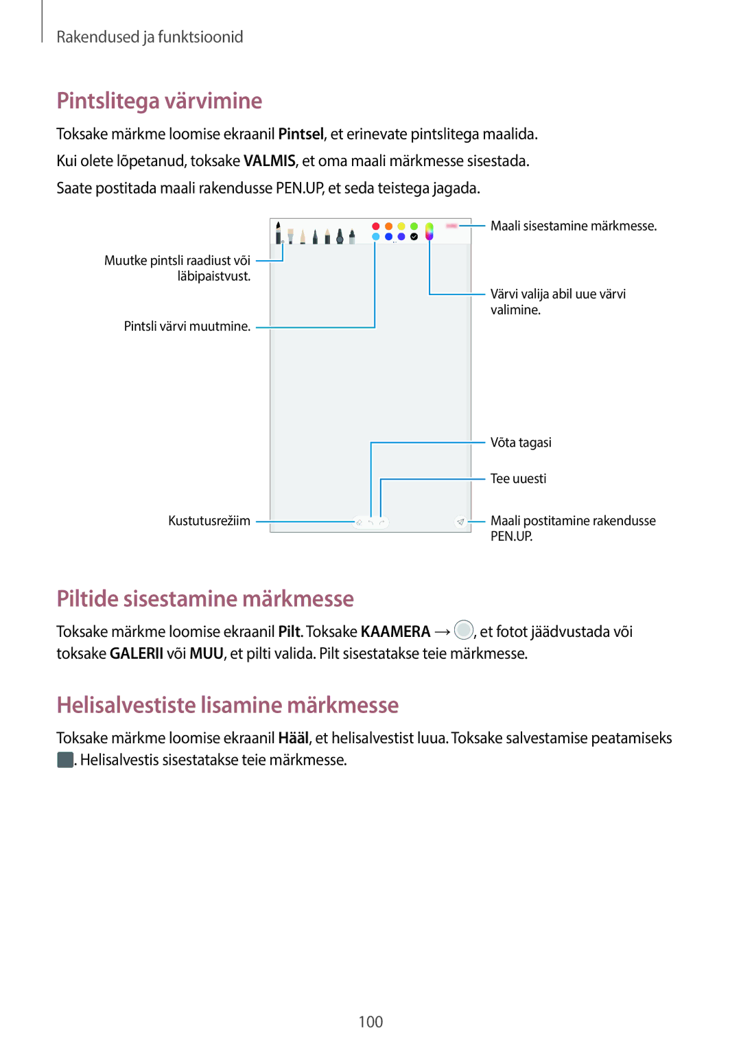 Samsung SM-T395NZKASEB manual Pintslitega värvimine, Piltide sisestamine märkmesse, Helisalvestiste lisamine märkmesse 