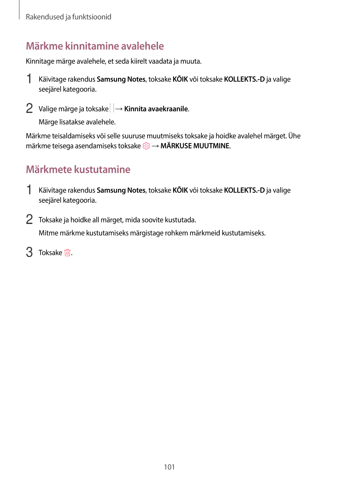 Samsung SM-T395NZKASEB manual Märkme kinnitamine avalehele, Märkmete kustutamine 