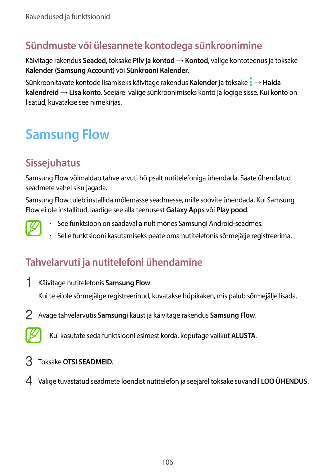 Samsung SM-T395NZKASEB manual Samsung Flow, Sündmuste või ülesannete kontodega sünkroonimine, Toksake Otsi Seadmeid 