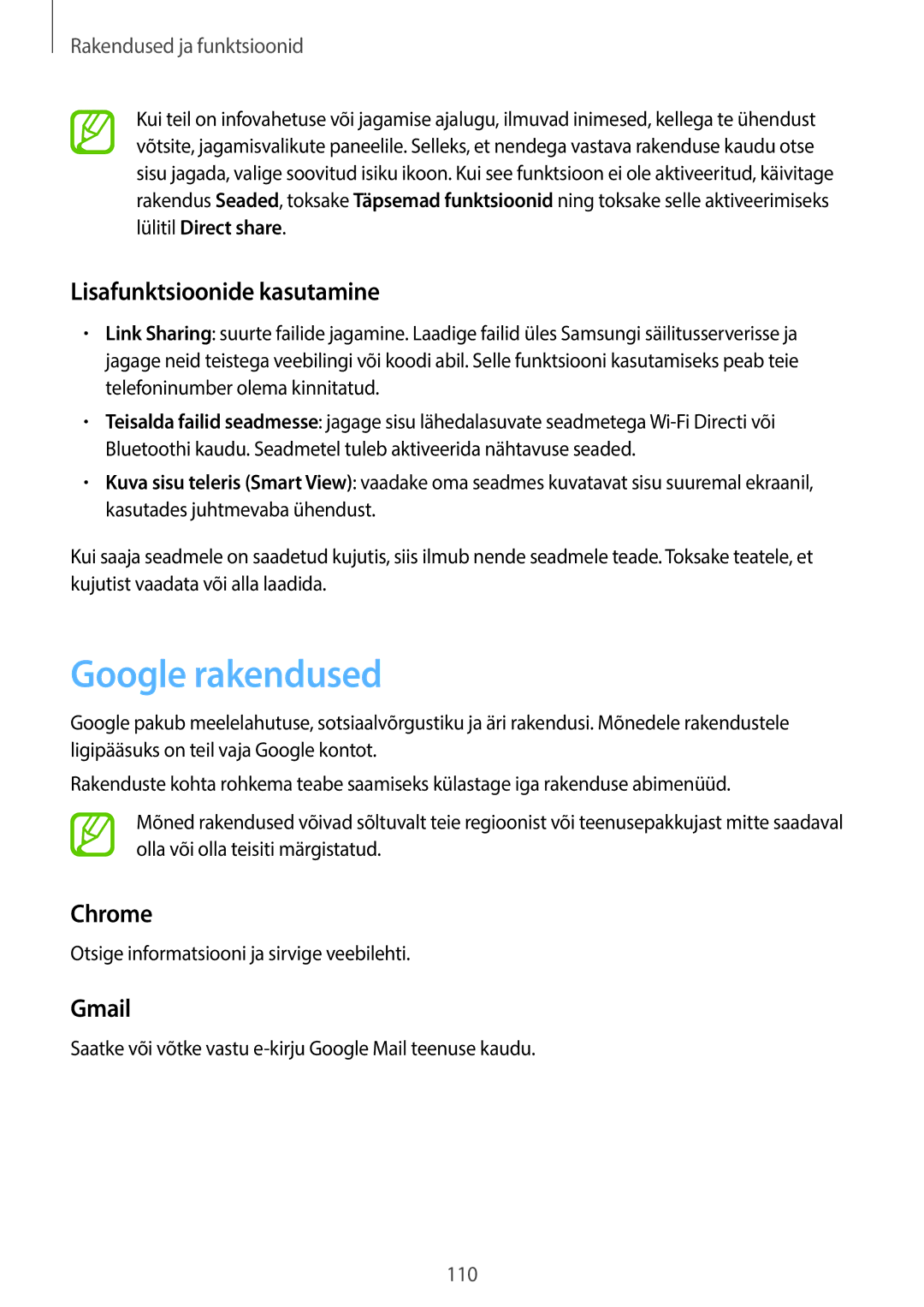 Samsung SM-T395NZKASEB manual Google rakendused, Lisafunktsioonide kasutamine, Chrome, Gmail 
