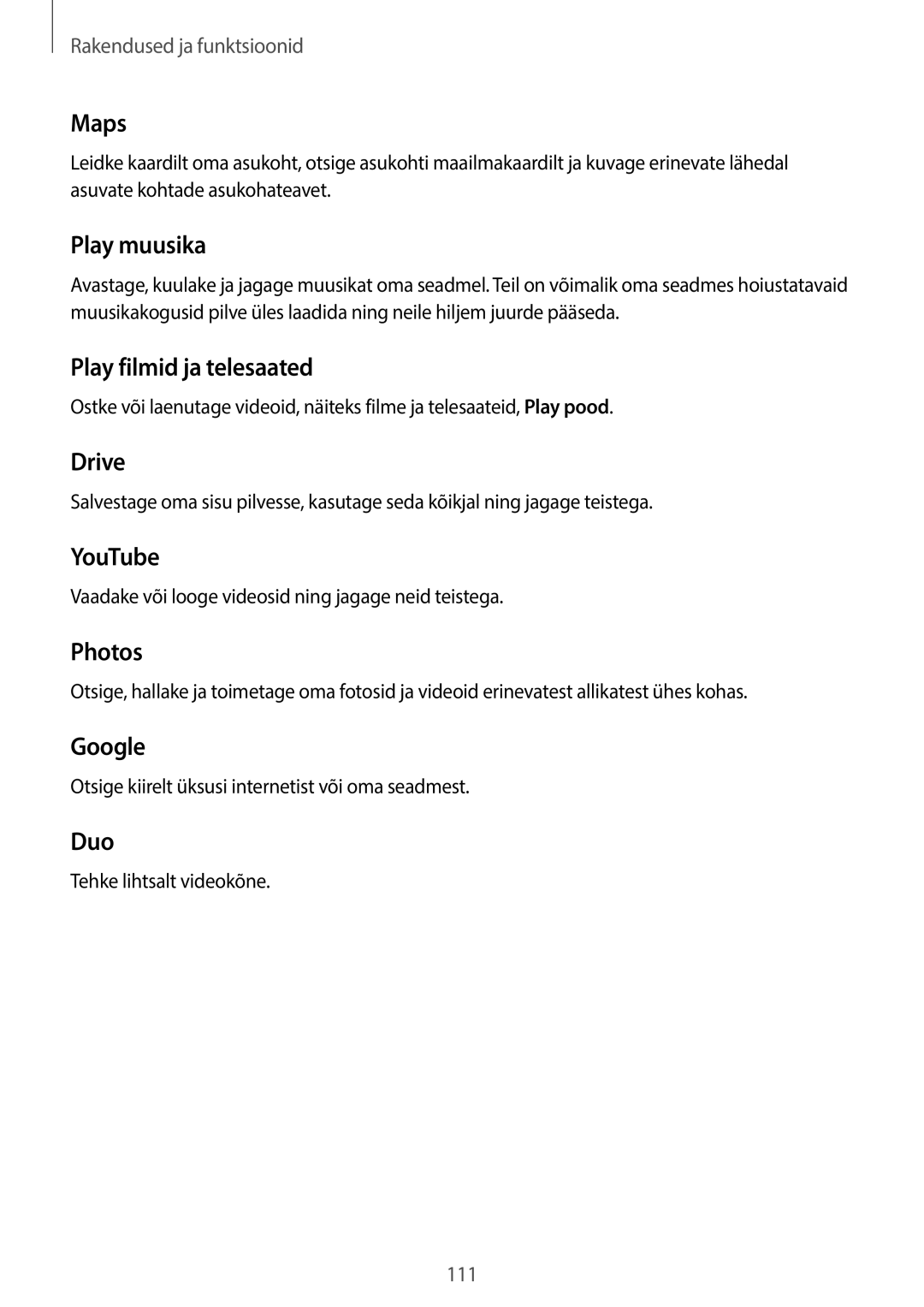 Samsung SM-T395NZKASEB manual Maps, Play muusika, Play filmid ja telesaated, Drive, YouTube, Photos, Google, Duo 