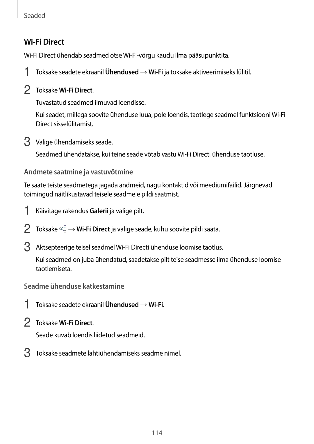 Samsung SM-T395NZKASEB manual Andmete saatmine ja vastuvõtmine, Seadme ühenduse katkestamine, Toksake Wi-Fi Direct 