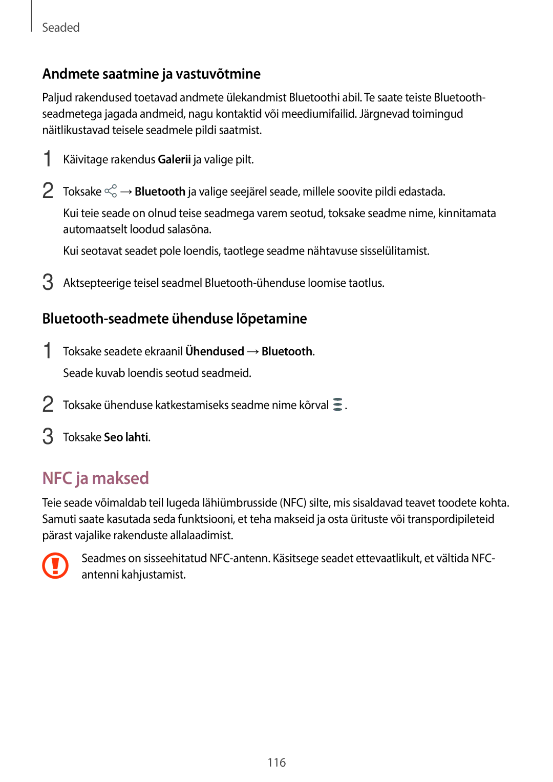 Samsung SM-T395NZKASEB manual NFC ja maksed, Andmete saatmine ja vastuvõtmine, Bluetooth-seadmete ühenduse lõpetamine 