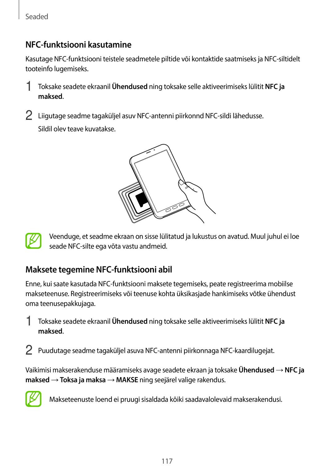 Samsung SM-T395NZKASEB manual NFC-funktsiooni kasutamine, Maksete tegemine NFC-funktsiooni abil, Maksed 