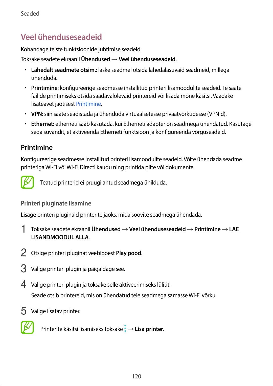 Samsung SM-T395NZKASEB manual Veel ühenduseseadeid, Printimine, Printeri pluginate lisamine 