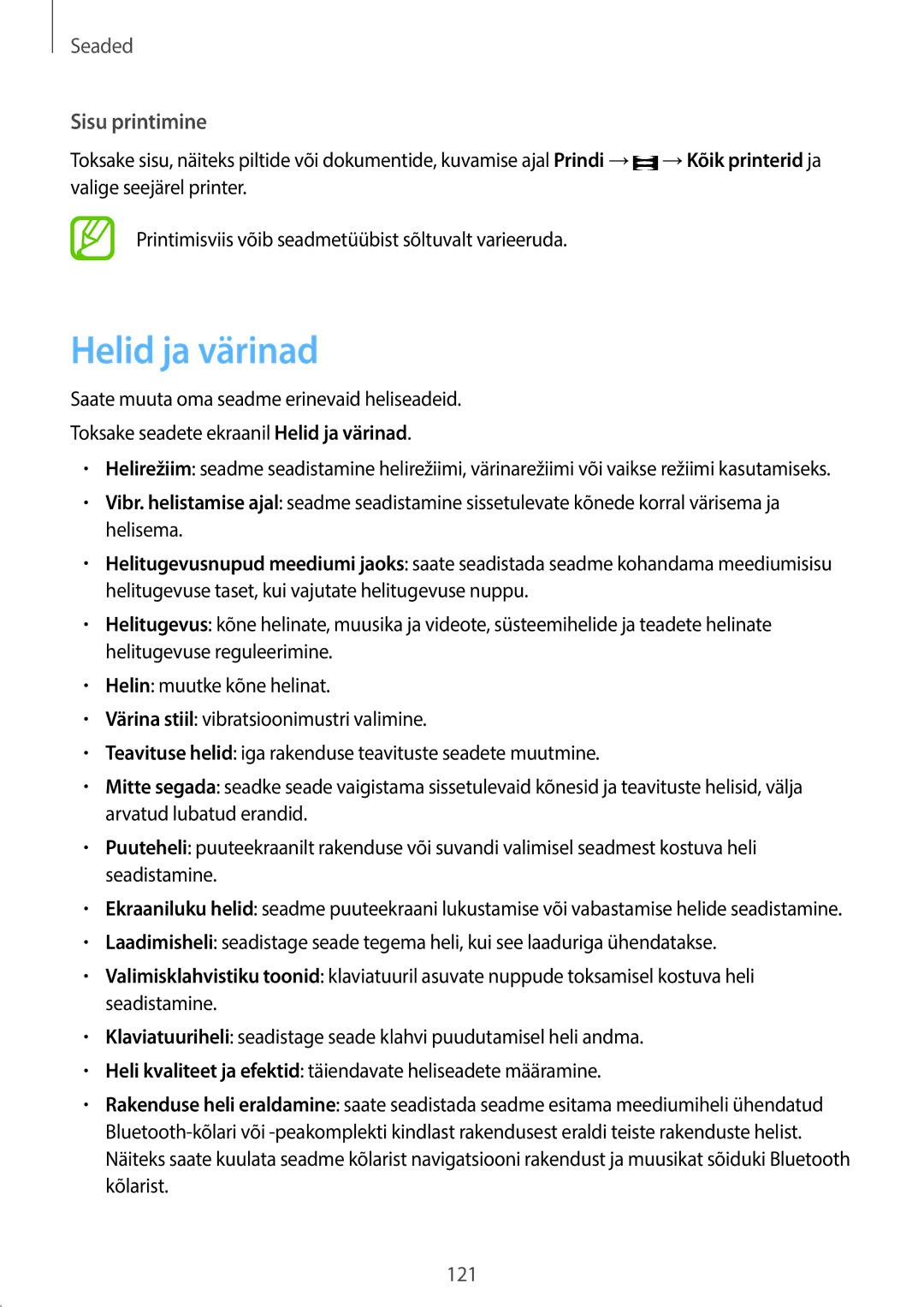 Samsung SM-T395NZKASEB manual Helid ja värinad, Sisu printimine 