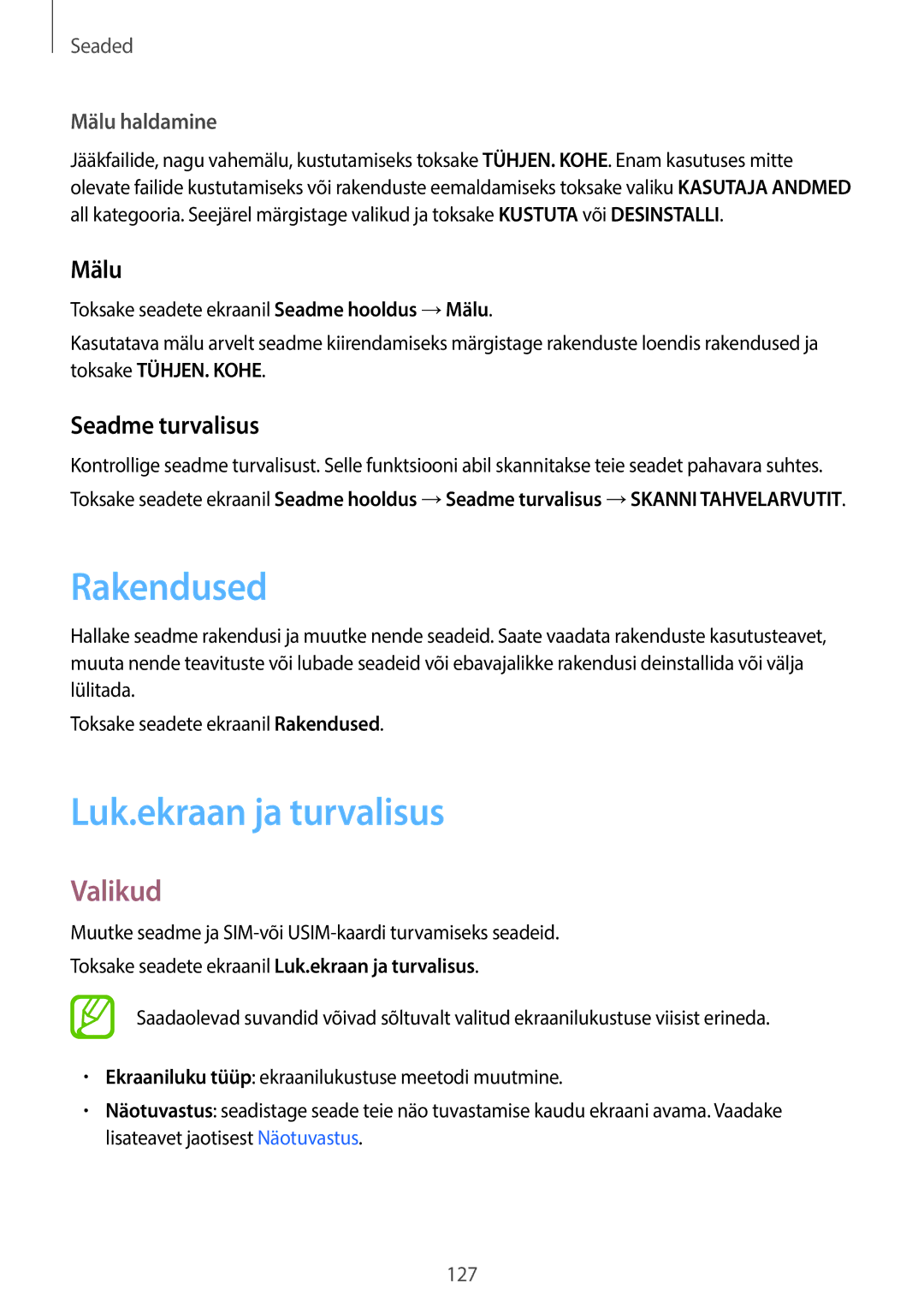 Samsung SM-T395NZKASEB manual Rakendused, Luk.ekraan ja turvalisus, Seadme turvalisus, Mälu haldamine 