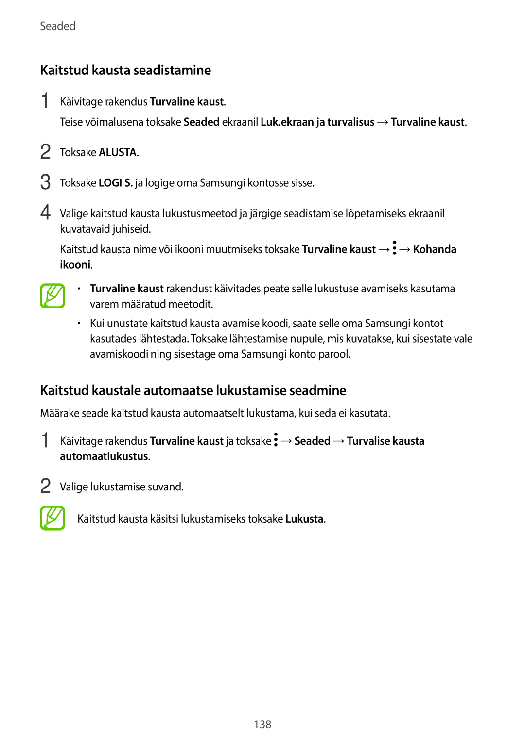 Samsung SM-T395NZKASEB manual Kaitstud kausta seadistamine, Kaitstud kaustale automaatse lukustamise seadmine, Ikooni 